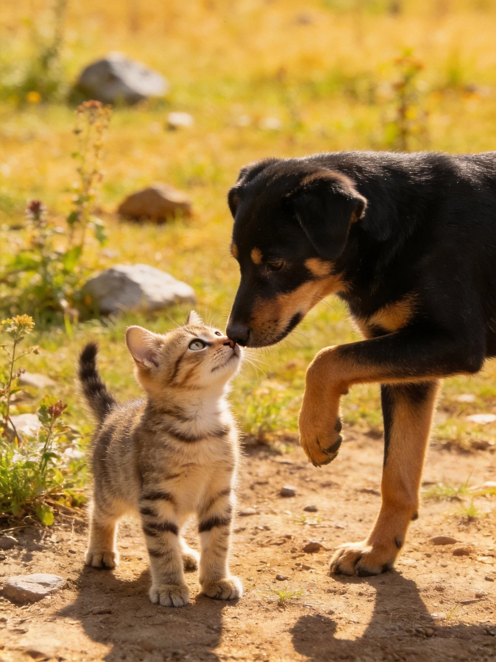 A small tabby kitten shares an intimate moment with a large black dog in a sunny outdoor space.