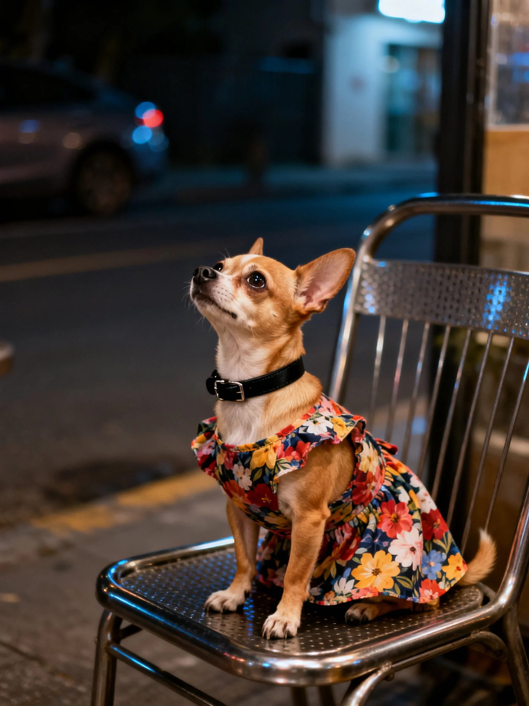 A small tan Chihuahua in a floral dress sits on a metallic chair at night