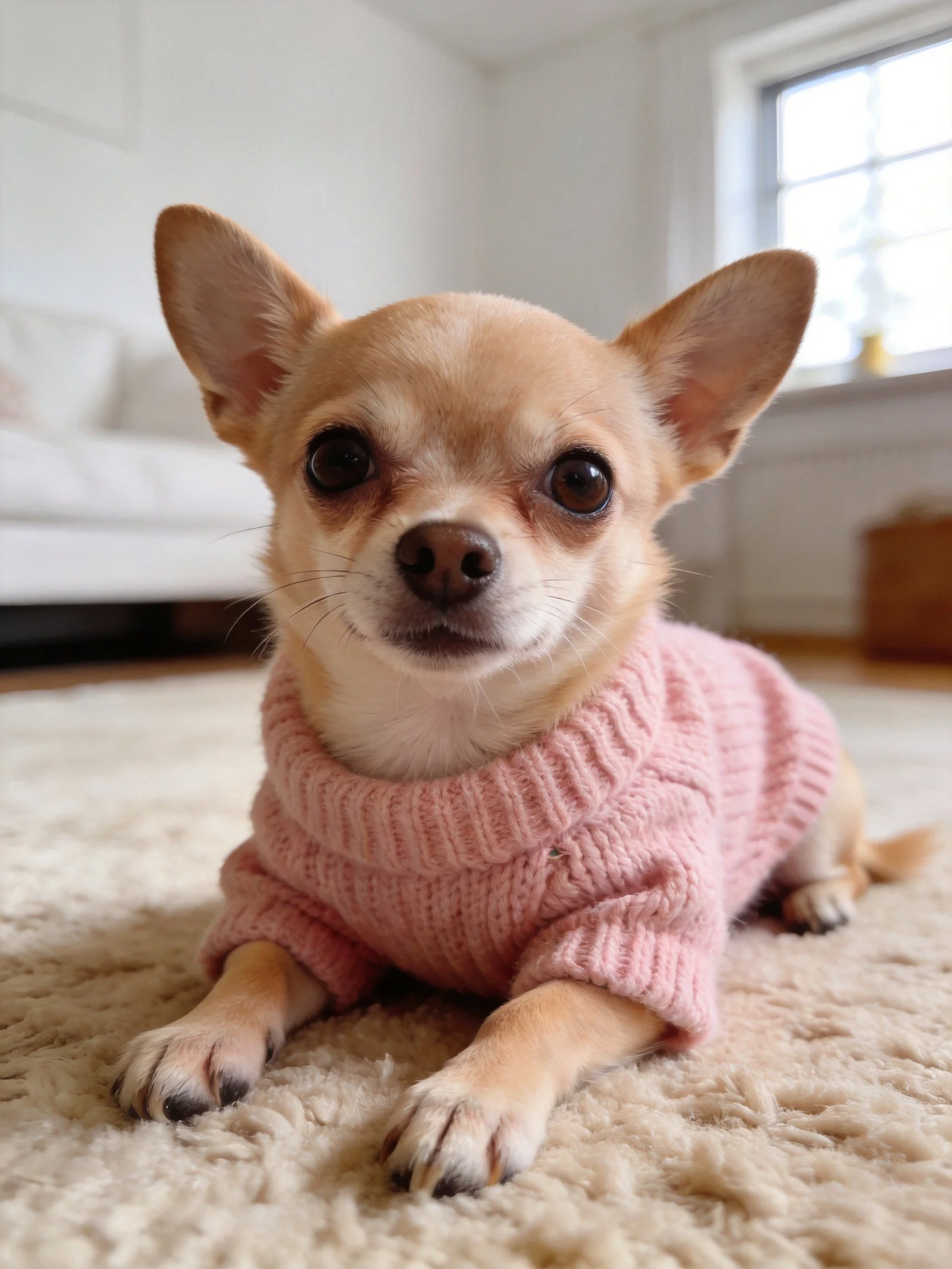 A small tan Chihuahua relaxes in a pink sweater on a soft beige rug