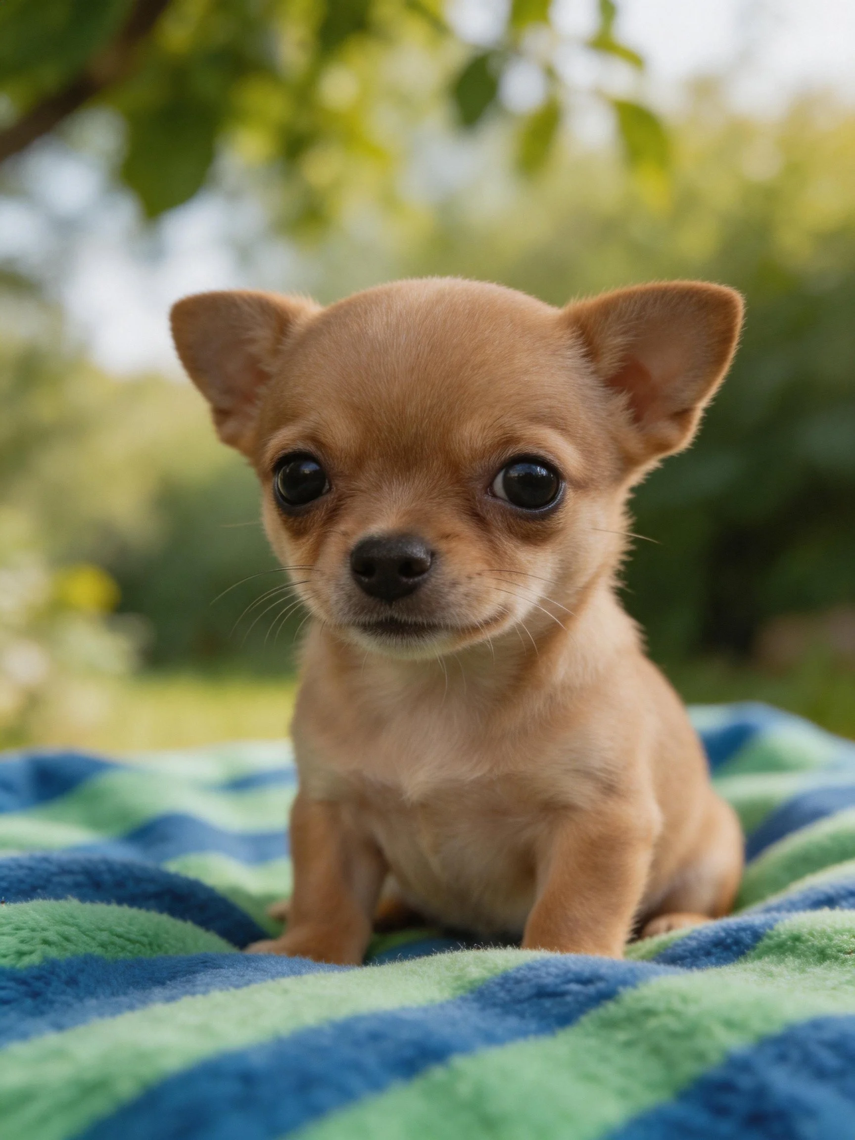 A small tan Chihuahua puppy sits on a striped towel outdoors.