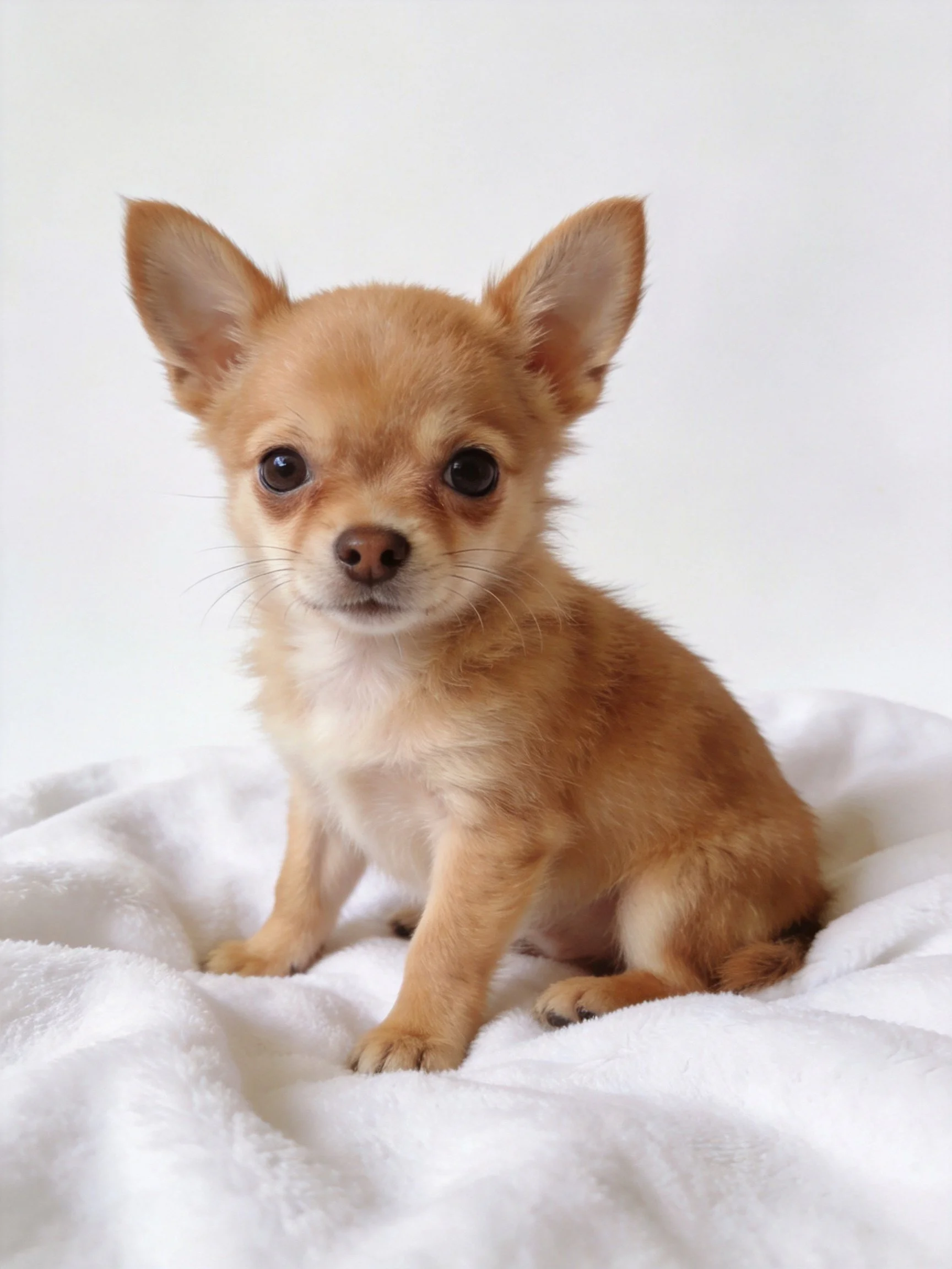 A small tan Chihuahua puppy sits calmly ona white towel.