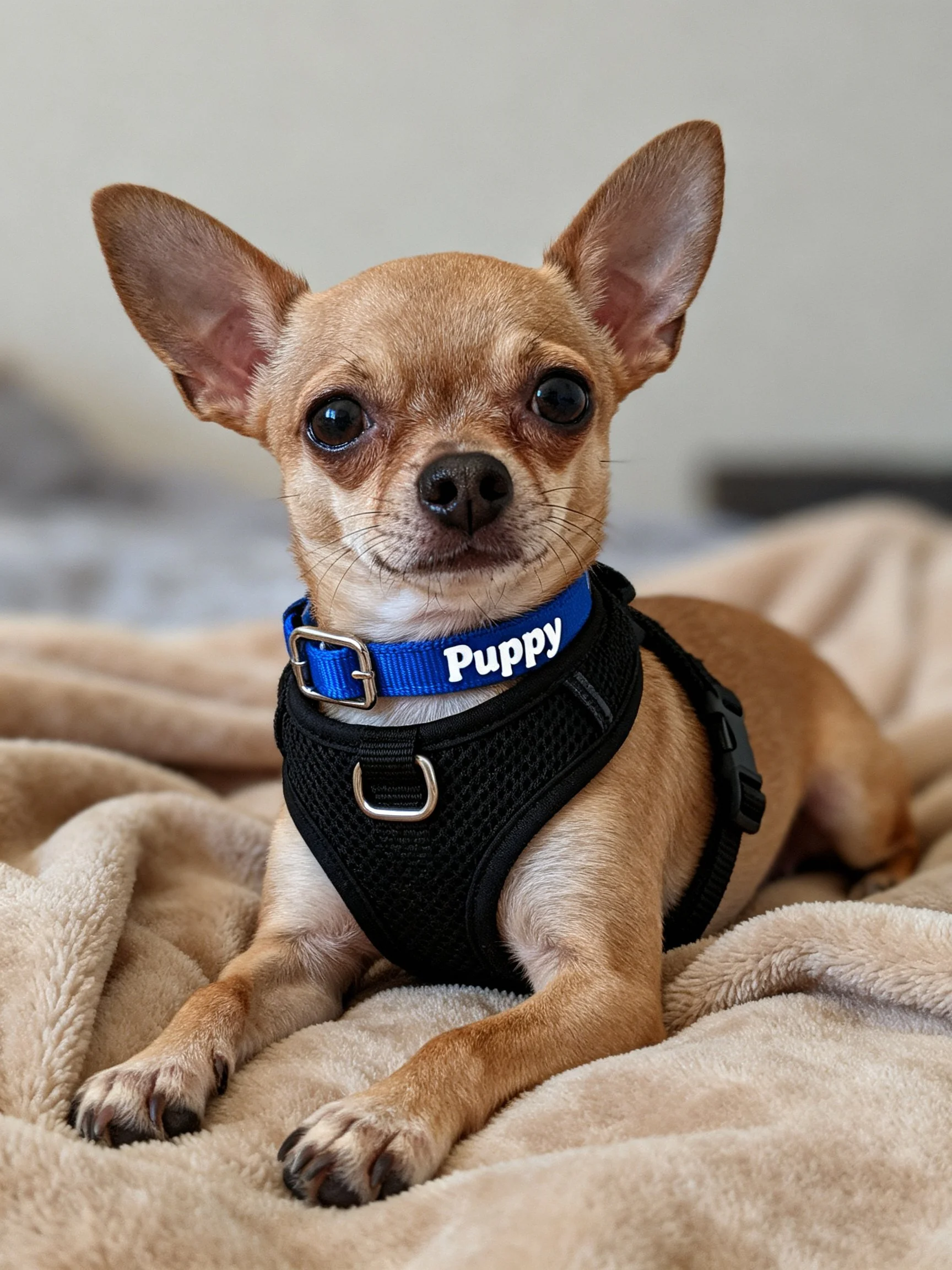 A small tan Chihuahua puppy rests on a beige blanket with a blue collar.