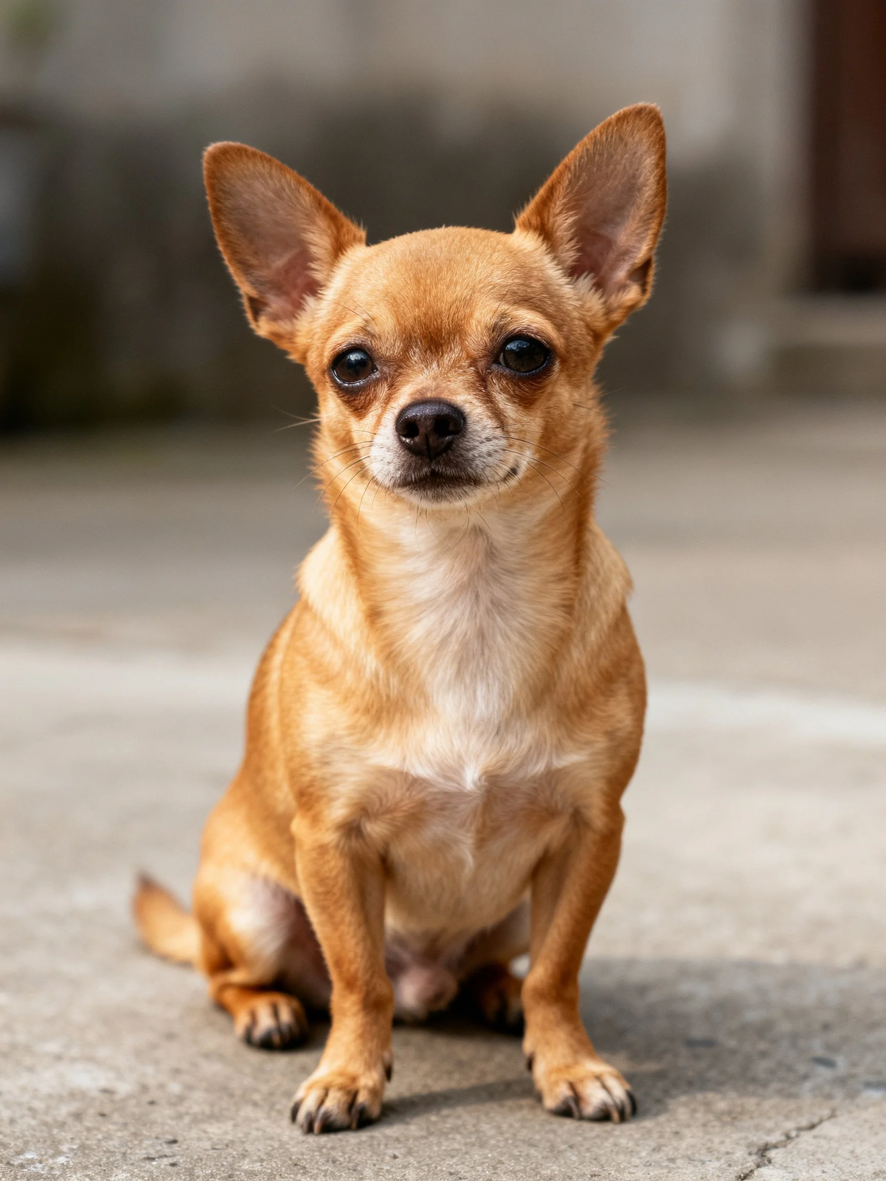 A small tan Chihuahua sits attentively on a smooth concrete surface.