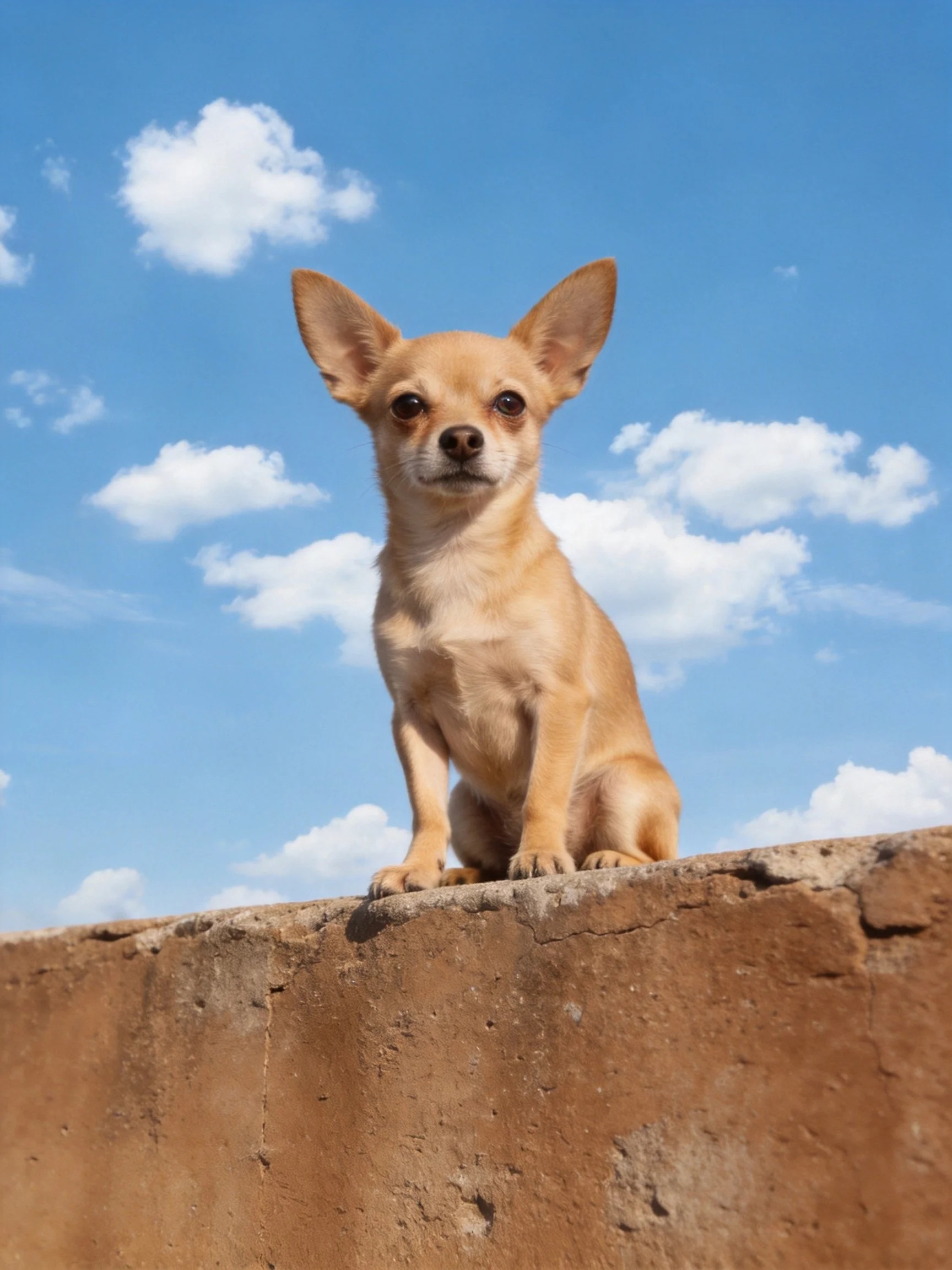 A small tan Chihuahua sits calmly on a weathered brown wall beneath a bright sky with scattered clouds.