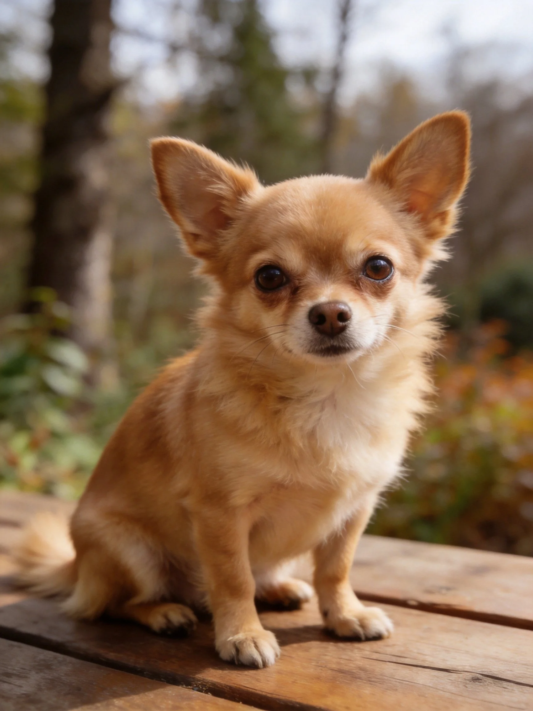 A small tan Chihuahua sits on a wooden deck outdoors.