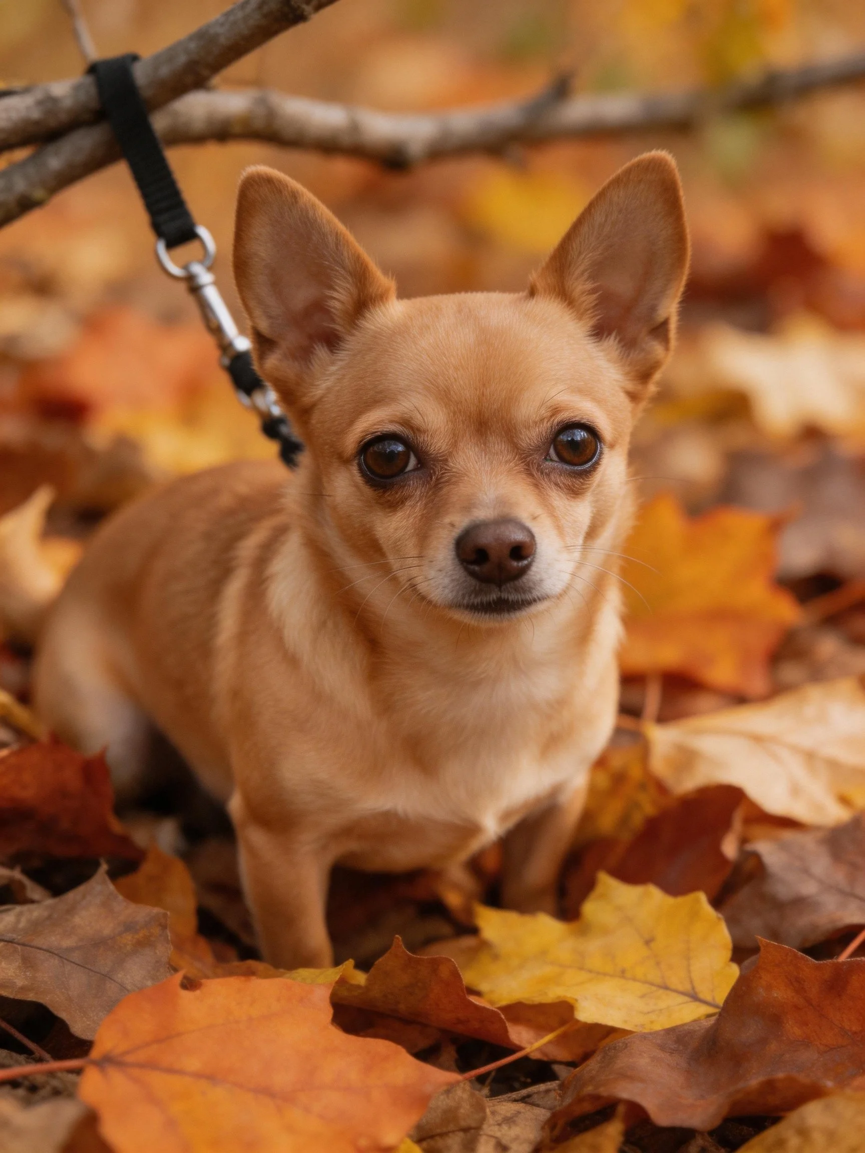 A small tan Chihuahua sits among colorful fallen autumn leaves.