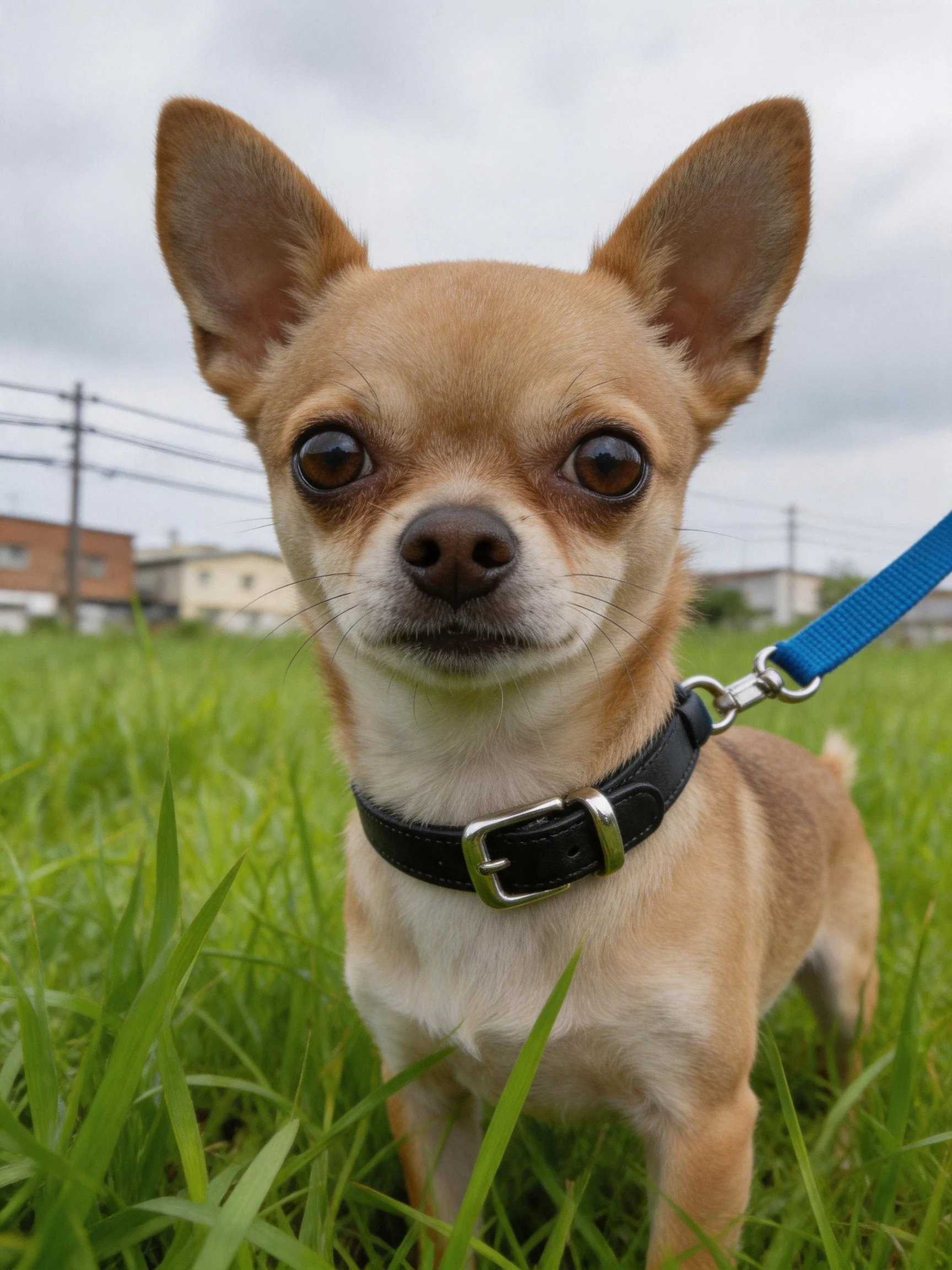 A small tan Chihuahua stands in tall green grass with a blue leash.