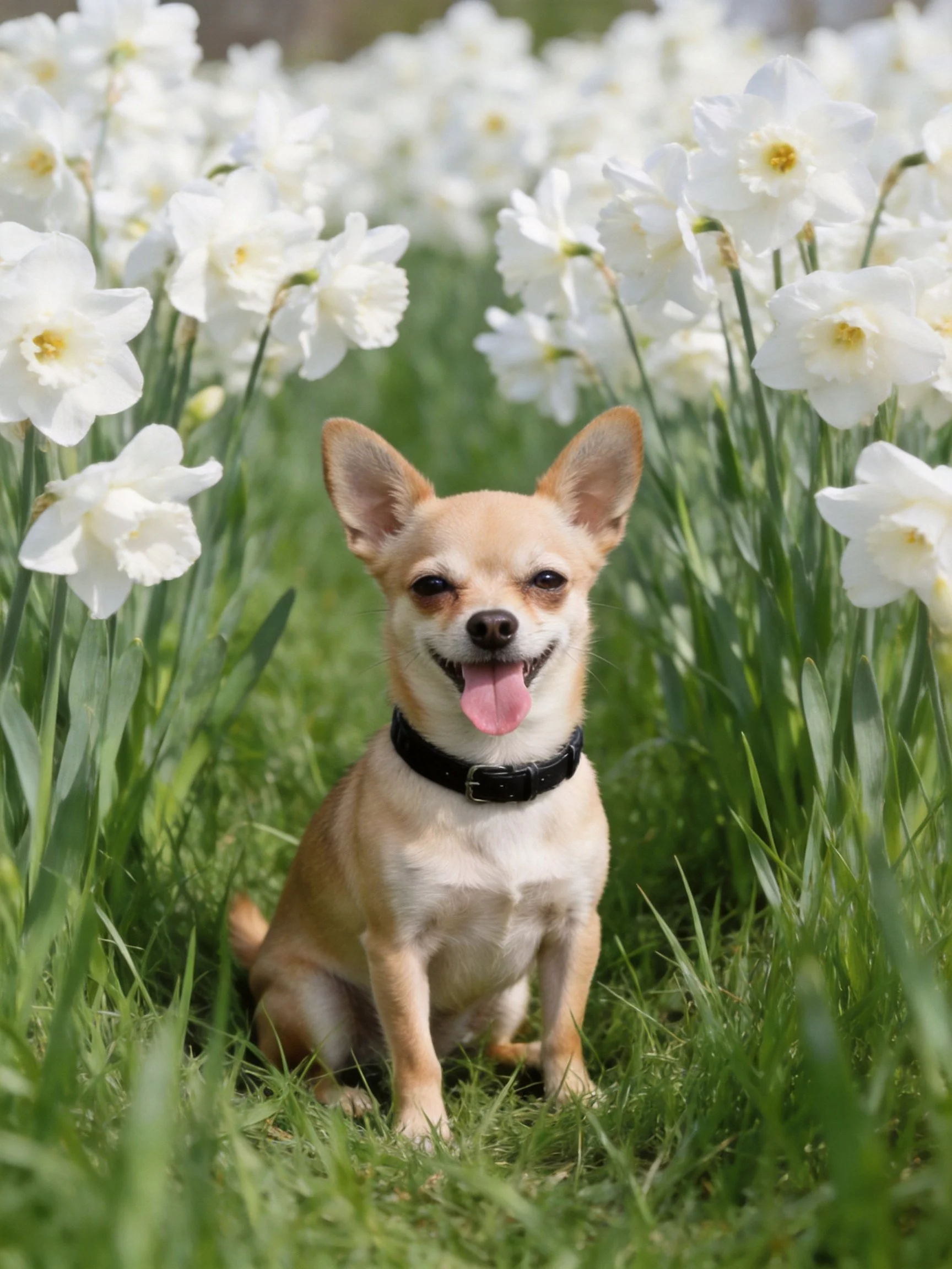 A cheerful Chihuahua sits among white flowers in a grassy area.