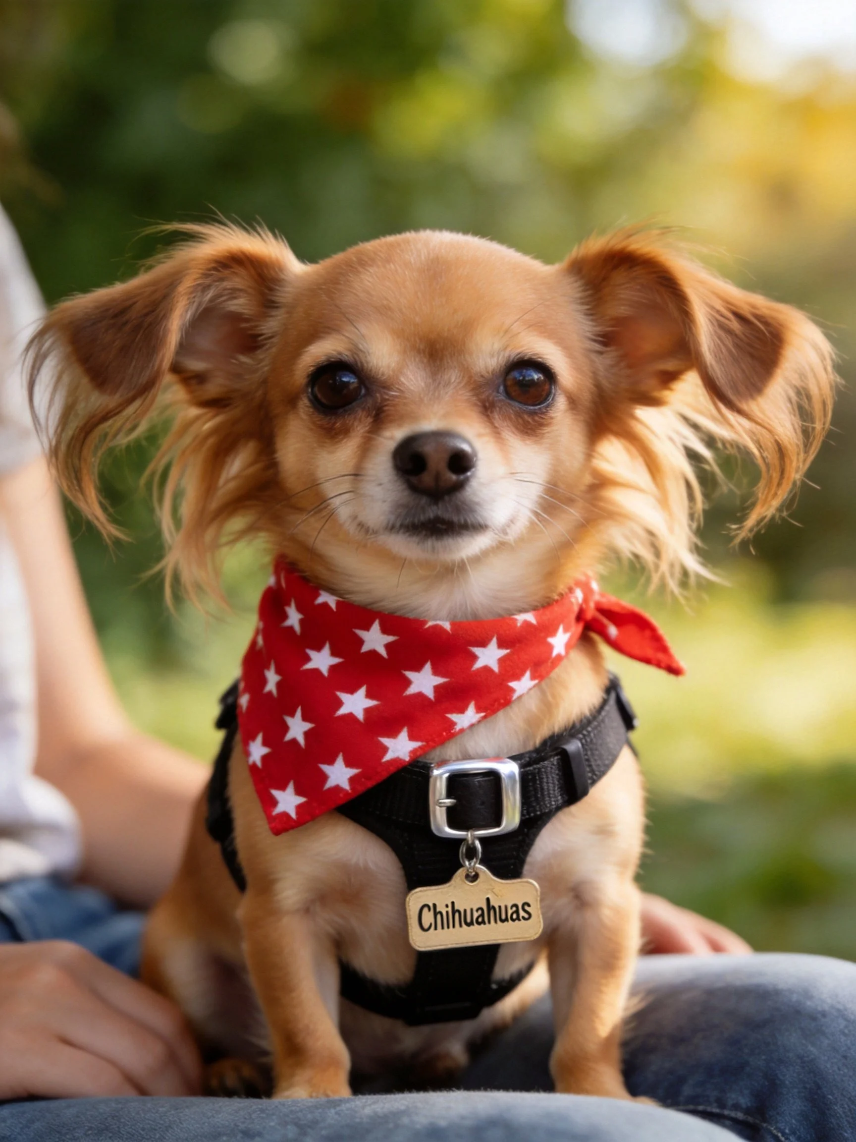 A small tan Chihuahua sits calmly with a red star bandana and black harness.