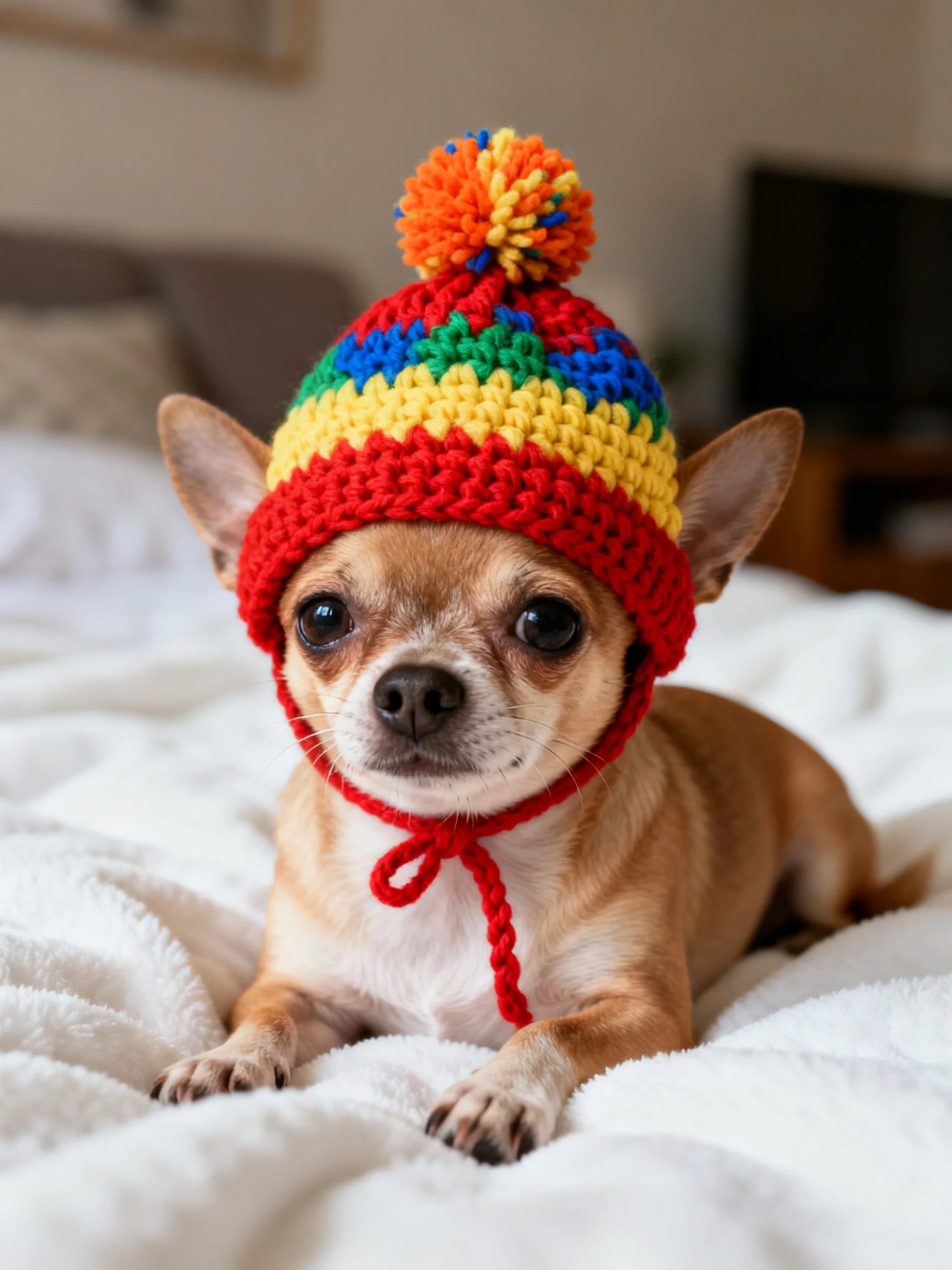 A small tan Chihuahua rests on a white blanket wearing a colorful crocheted hat