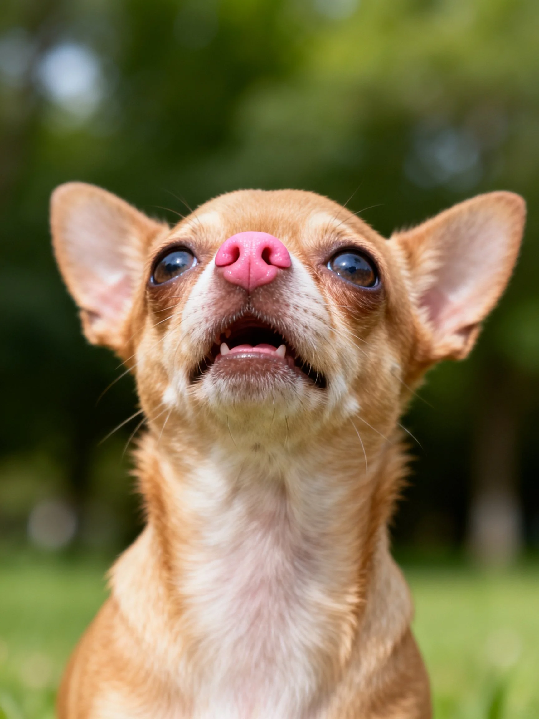A small tan Chihuahua gazes upward with a pink nose amid greenery.