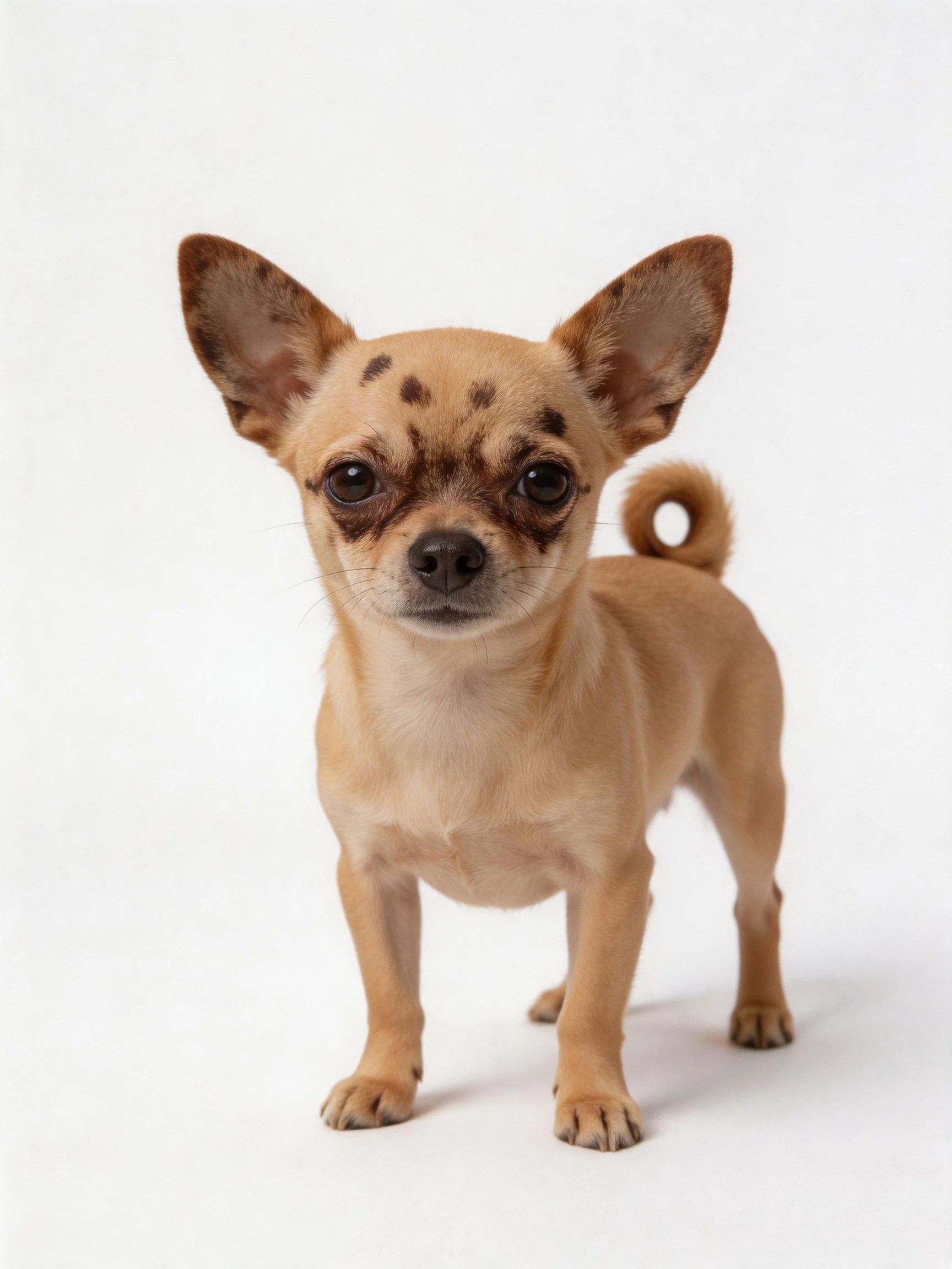 A small tan Chihuahua with brown facial markings stands on a white background