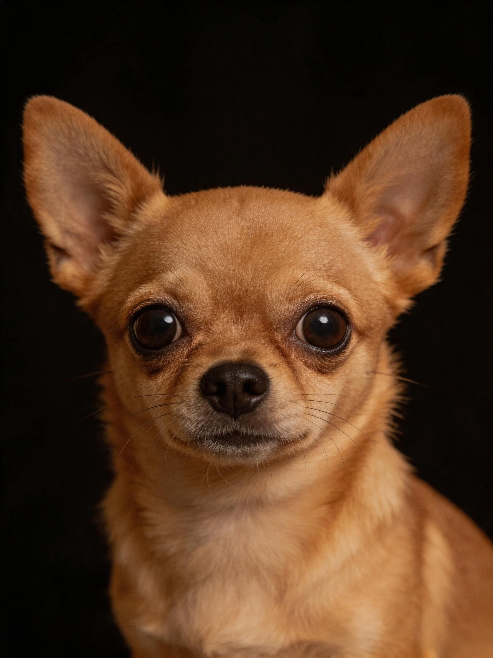 A small tan Chihuahua stares at the camera on a black backdrop