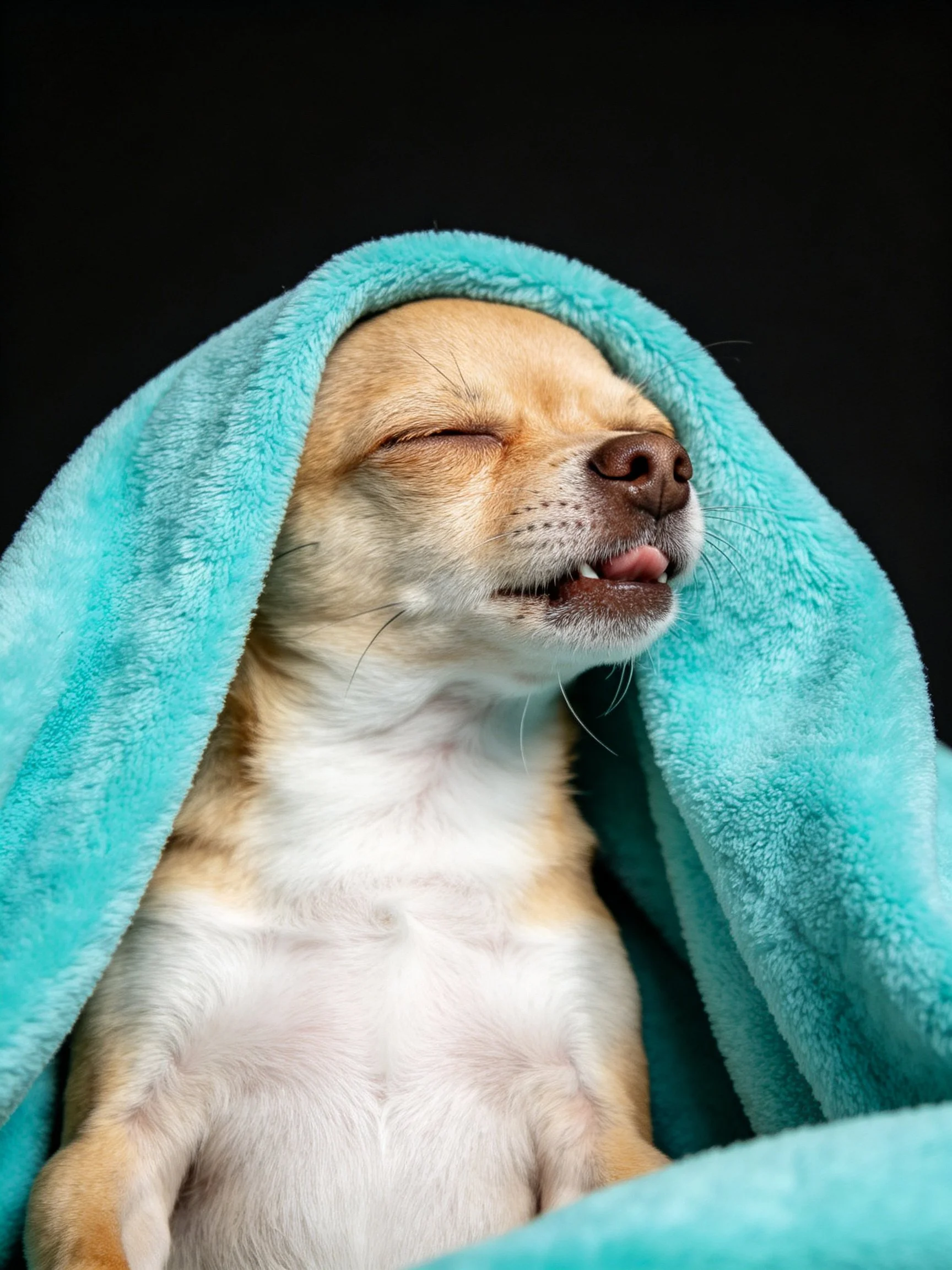 A small tan Chihuahua relaxes while wrapped in a turquoise towel.