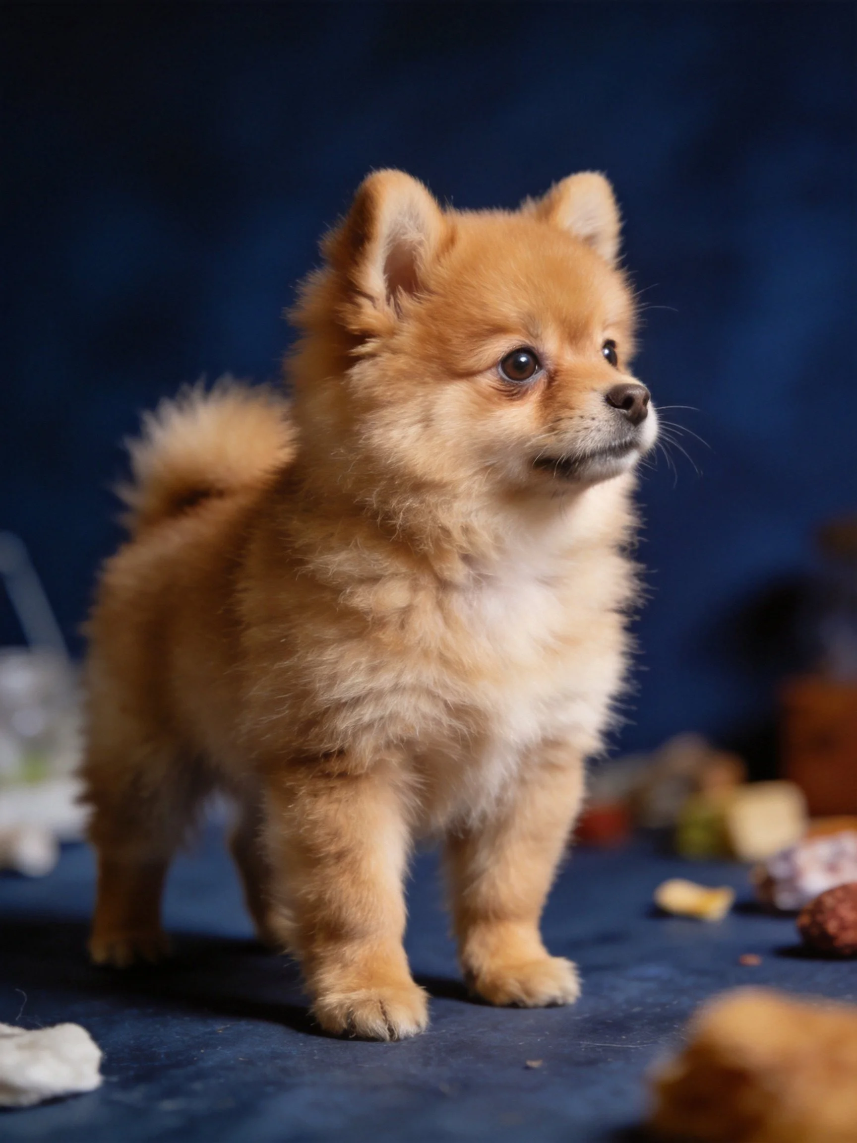 A small tan Pomeranian puppy stands on a dark blue surface with scattered items nearby.
