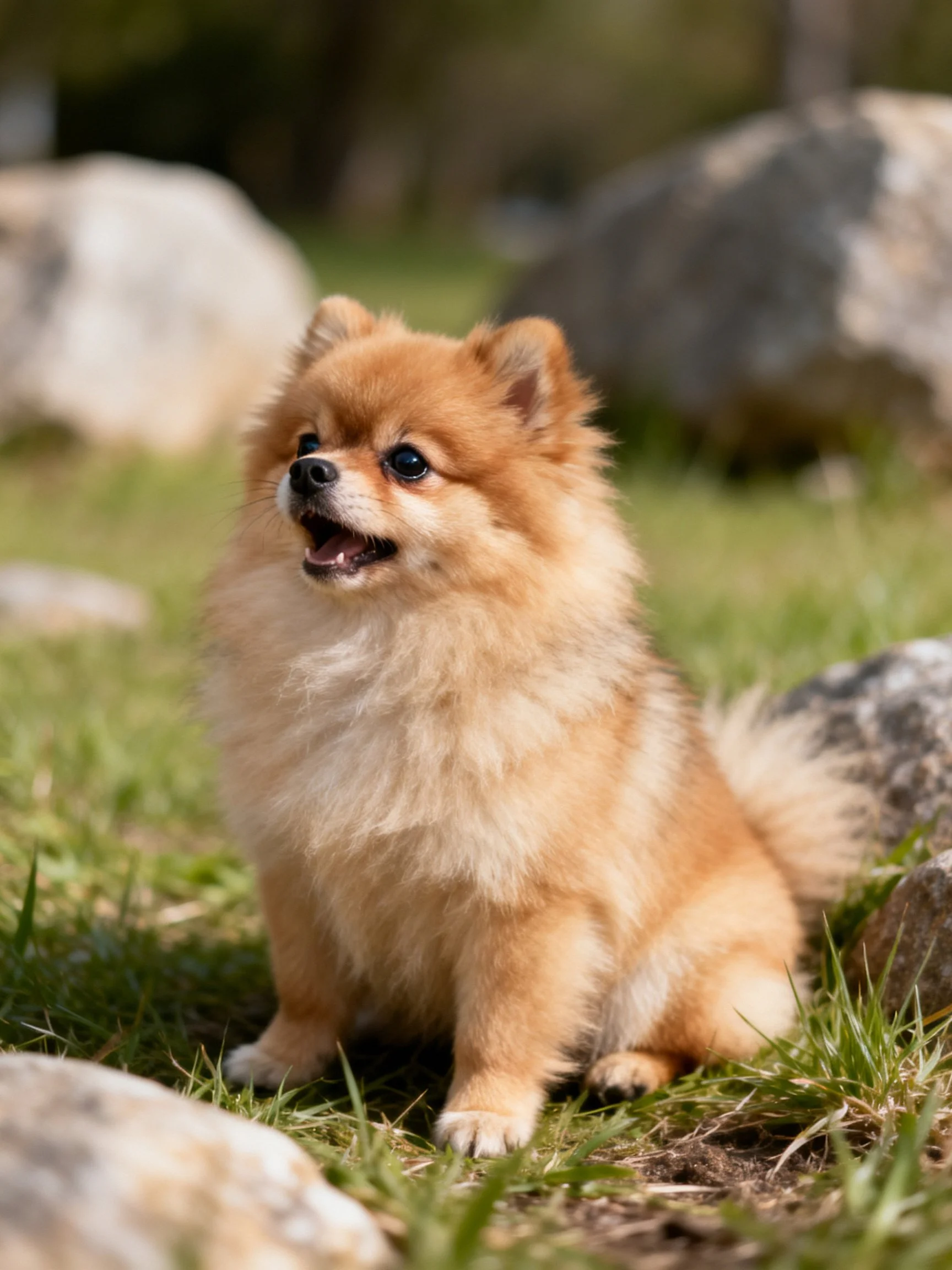 A small tan Pomeranian sits among rocks on grass.