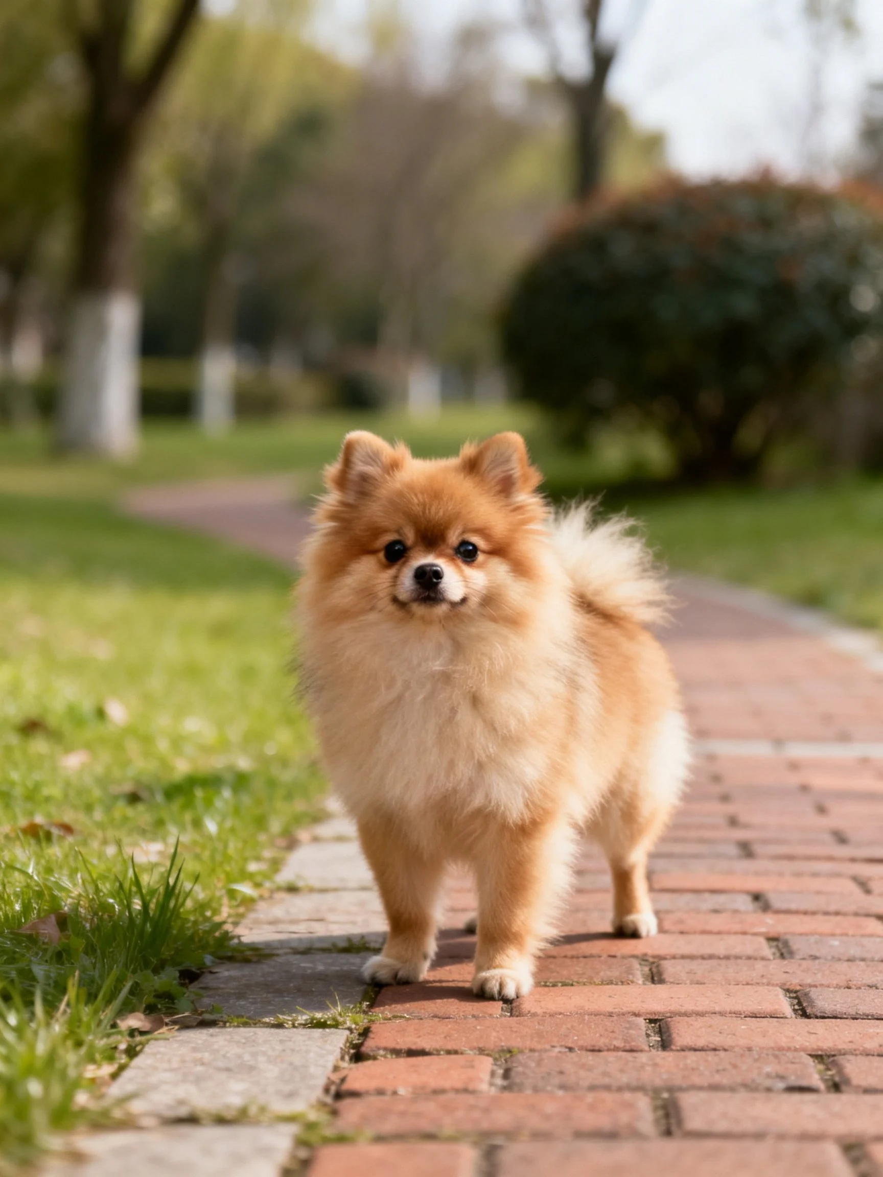 A small tan Pomeranian stands on a brick path amid greenery in bright daylight.