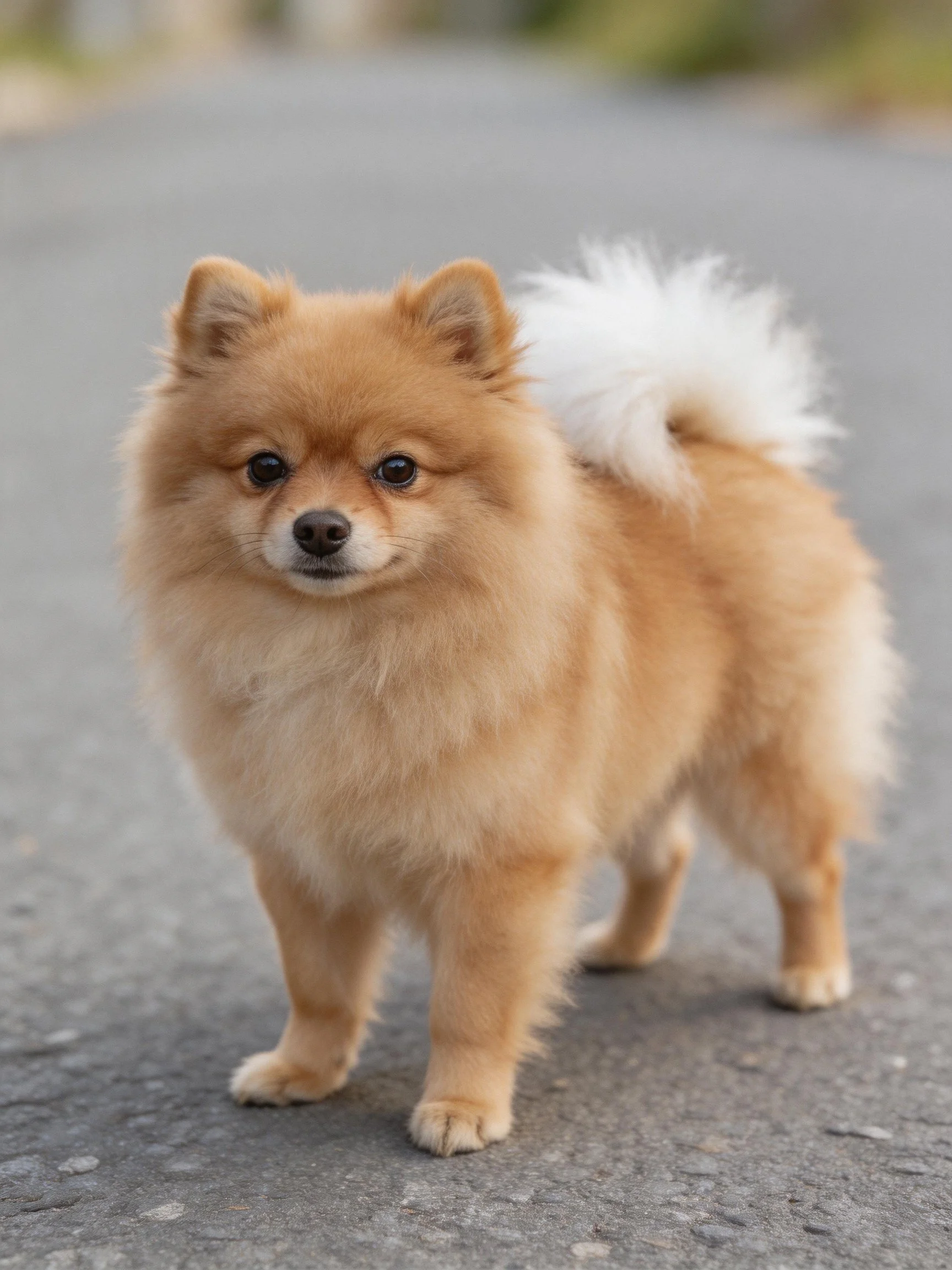 A small tan Pomeranian with a fluffy white tail stands on a smooth paved area.