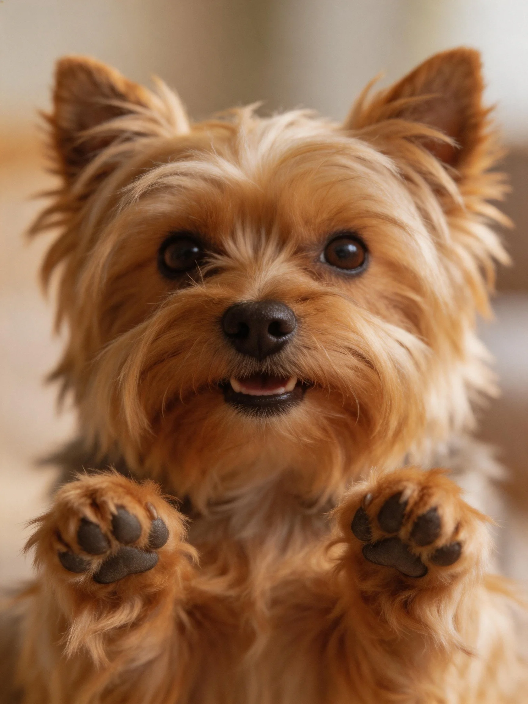 A small tan Yorkshire Terrier with raised front paws