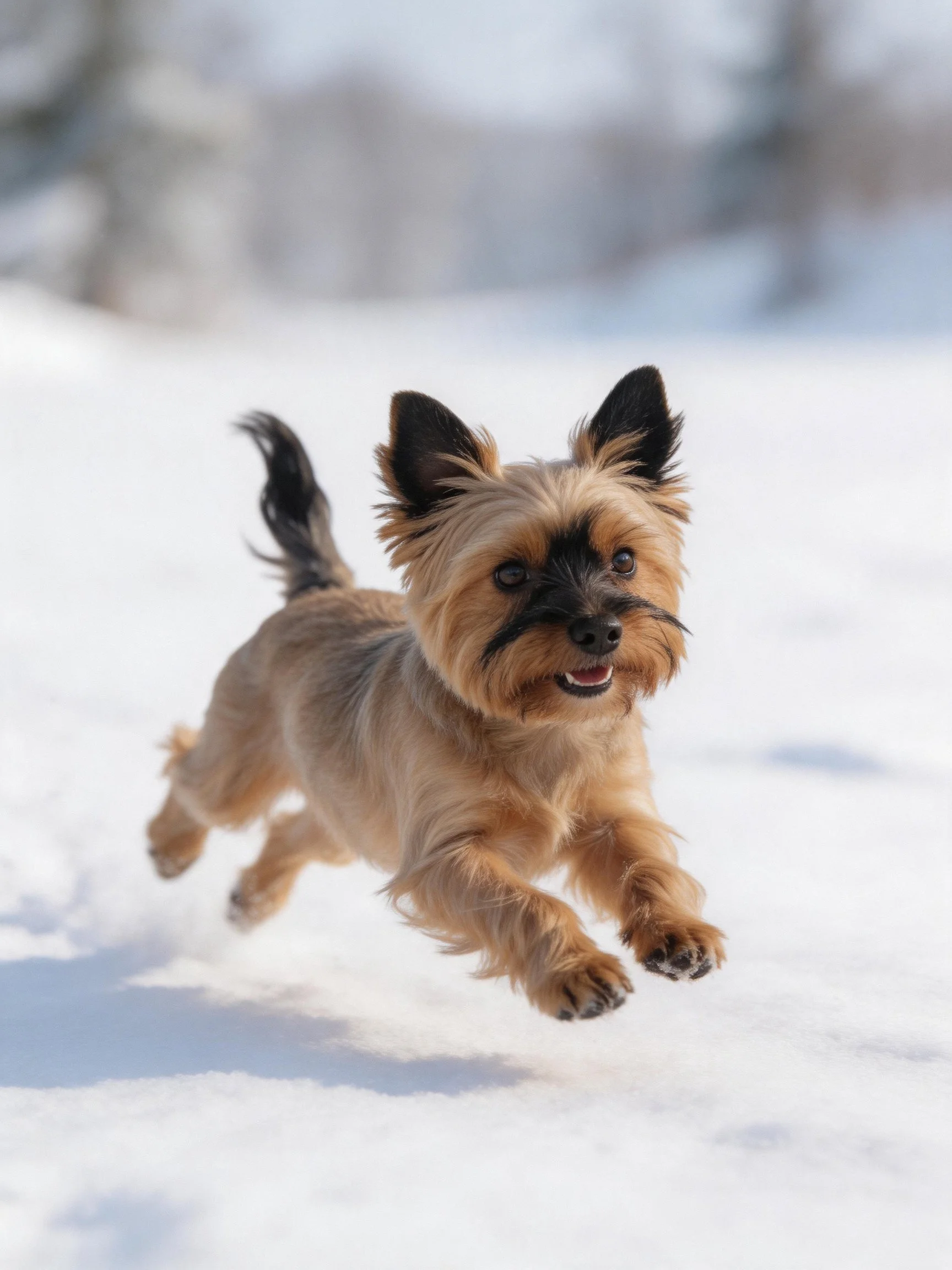 A small dog with tan and black fur runs energetically through snowy terrain