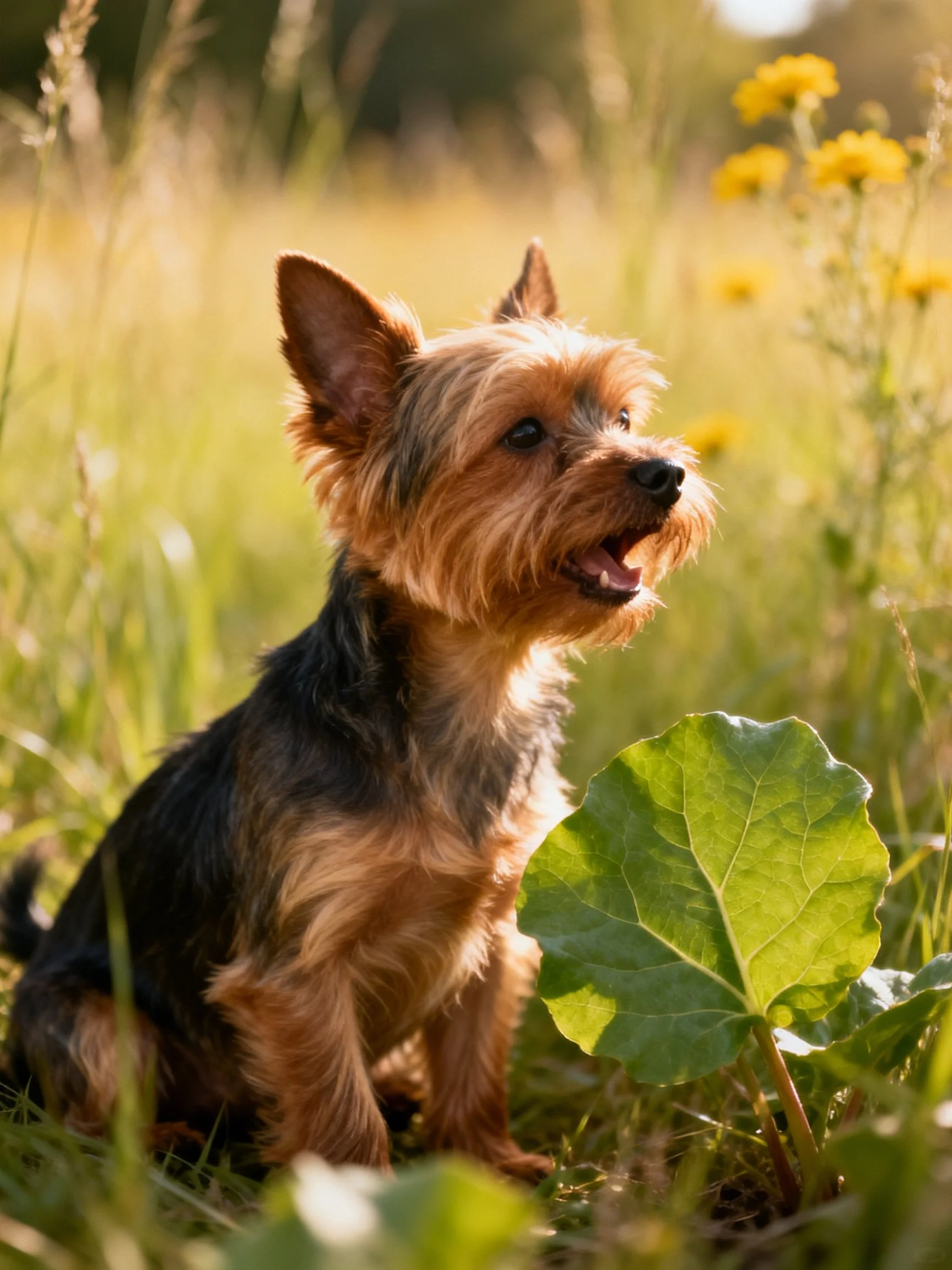 A small dog relaxes in a sunlit meadow filled with tall grass and flowers
