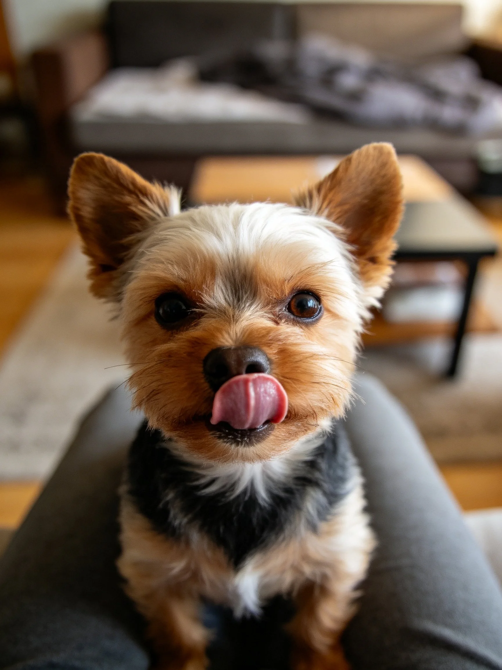 A small dog with tan and black fur sits indoors, licking its tongue