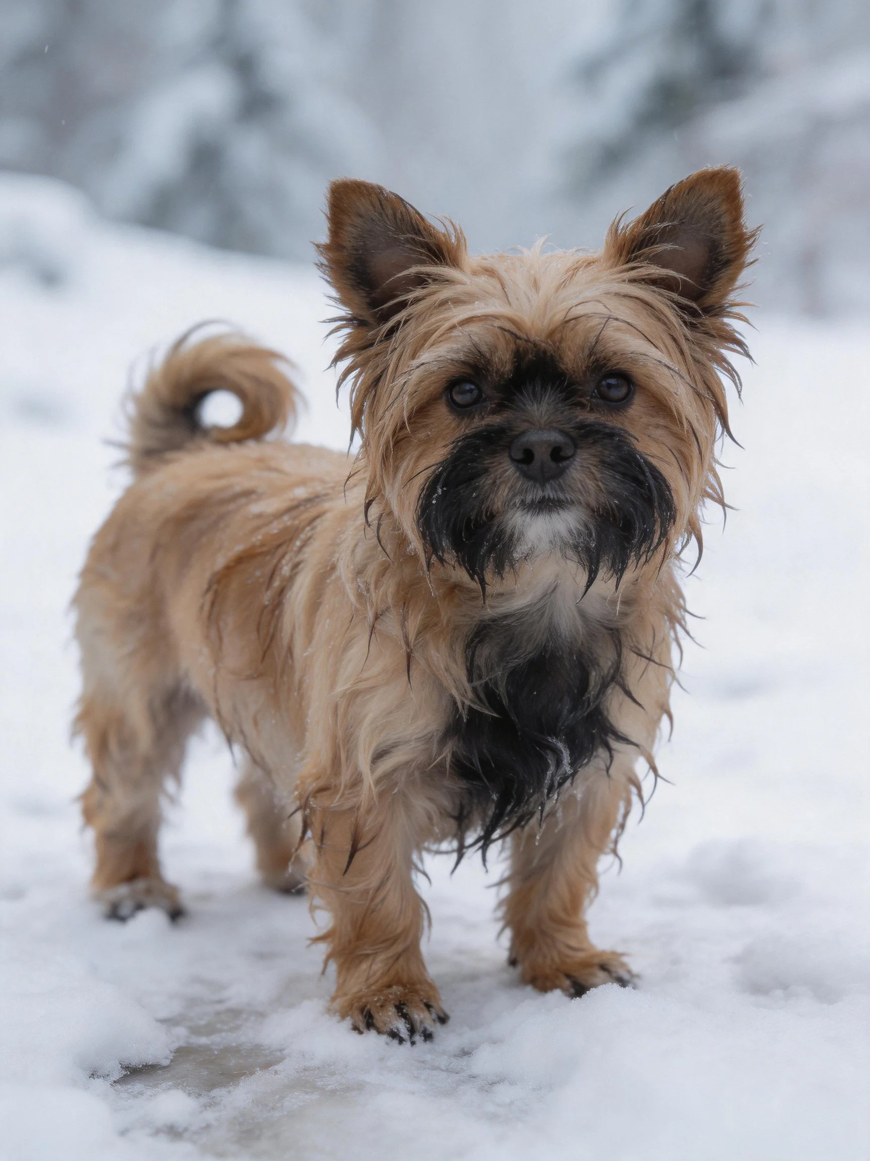 A small dog with tan and black fur stands in a snowy outdoor setting.