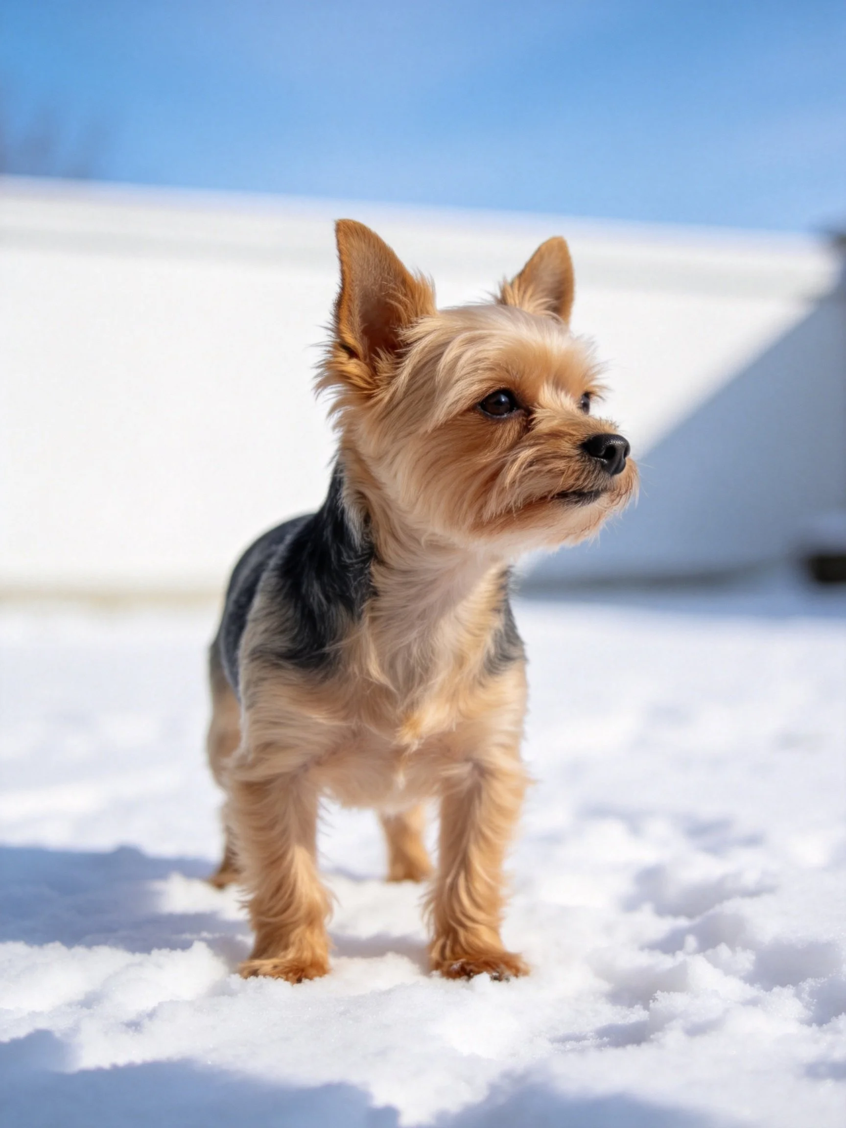 A small tan and black dog stands on bright white snow outdoors.