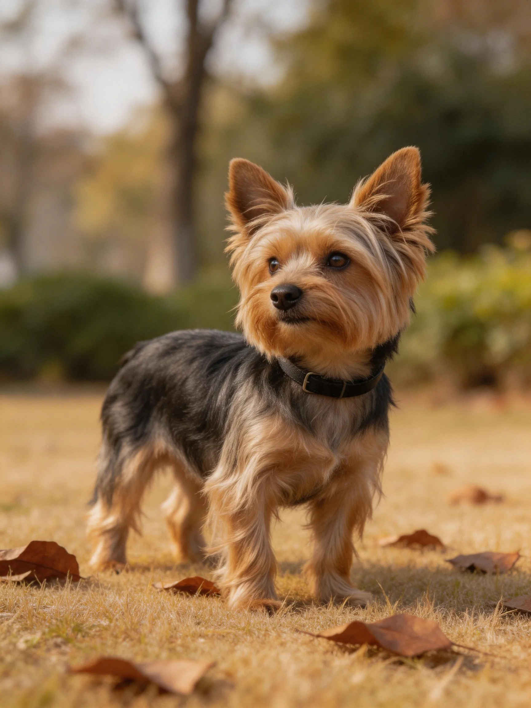 A small tan and black dog stands on dry grass in an autumnal outdoor setting.