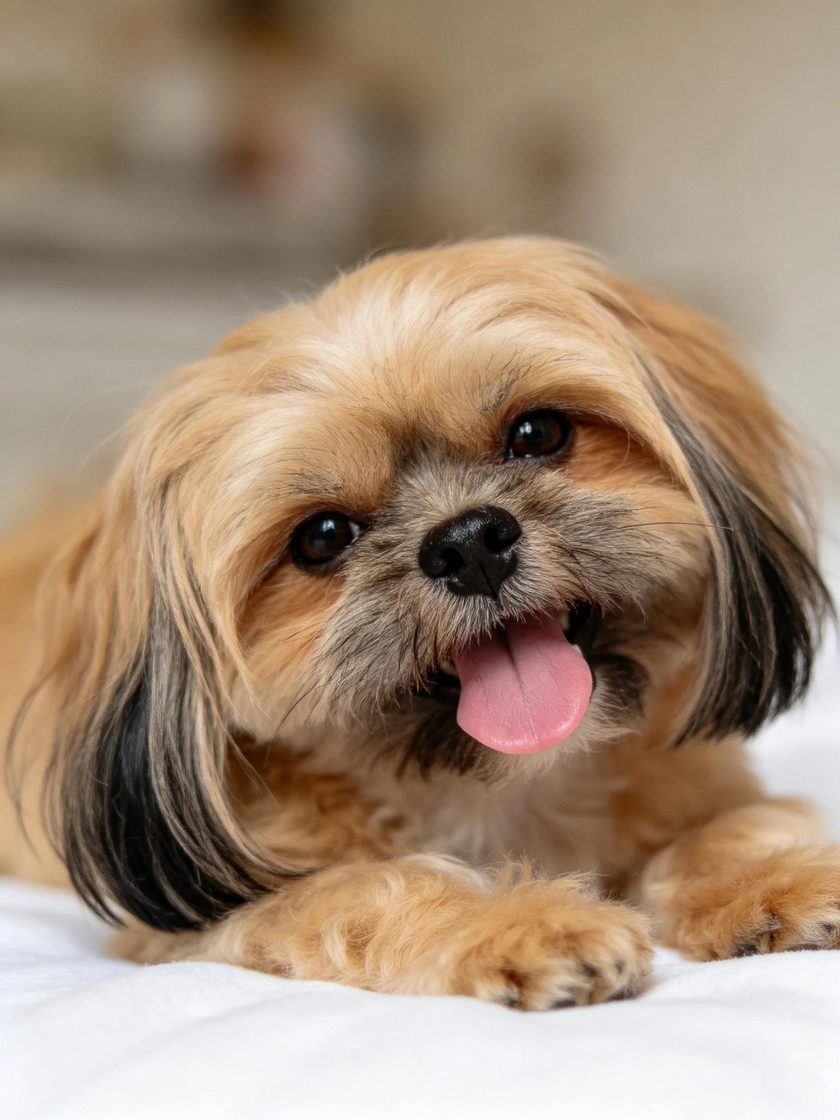 A small tan and black long-haired dog rests contentedly on white fabric.