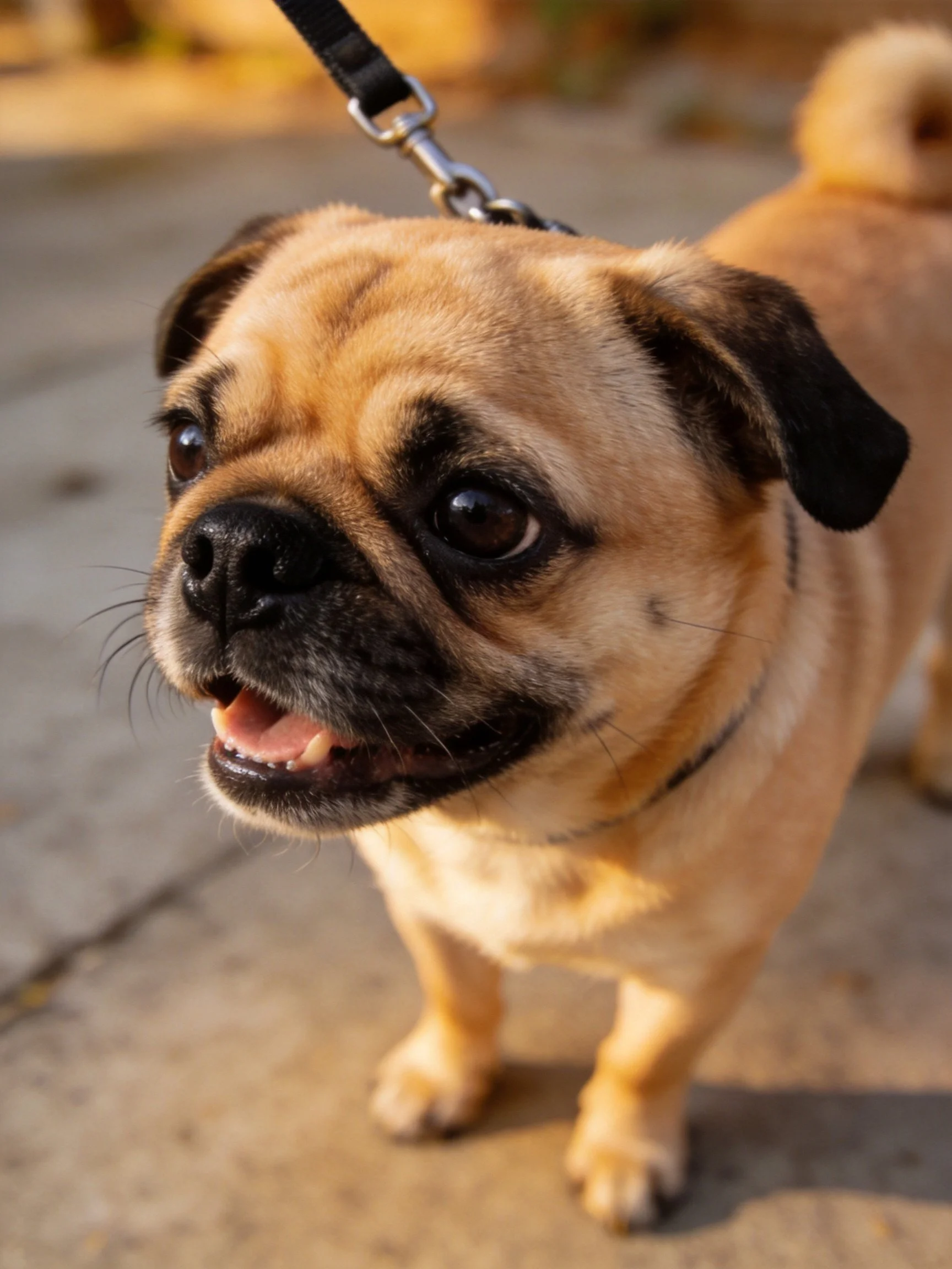 A small tan and black pug dog on a sidewalk with a leash