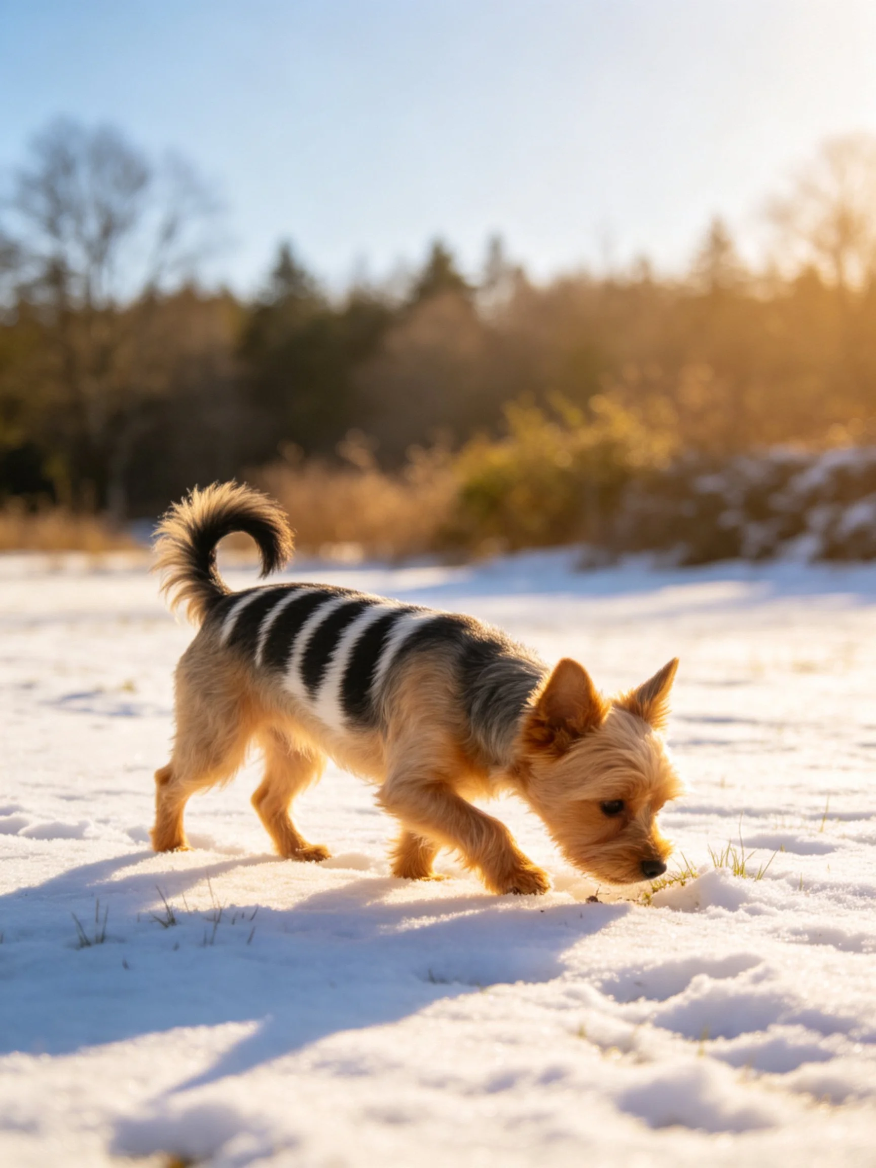 A small striped dog sniffs the snow in a sunlit outdoor area.