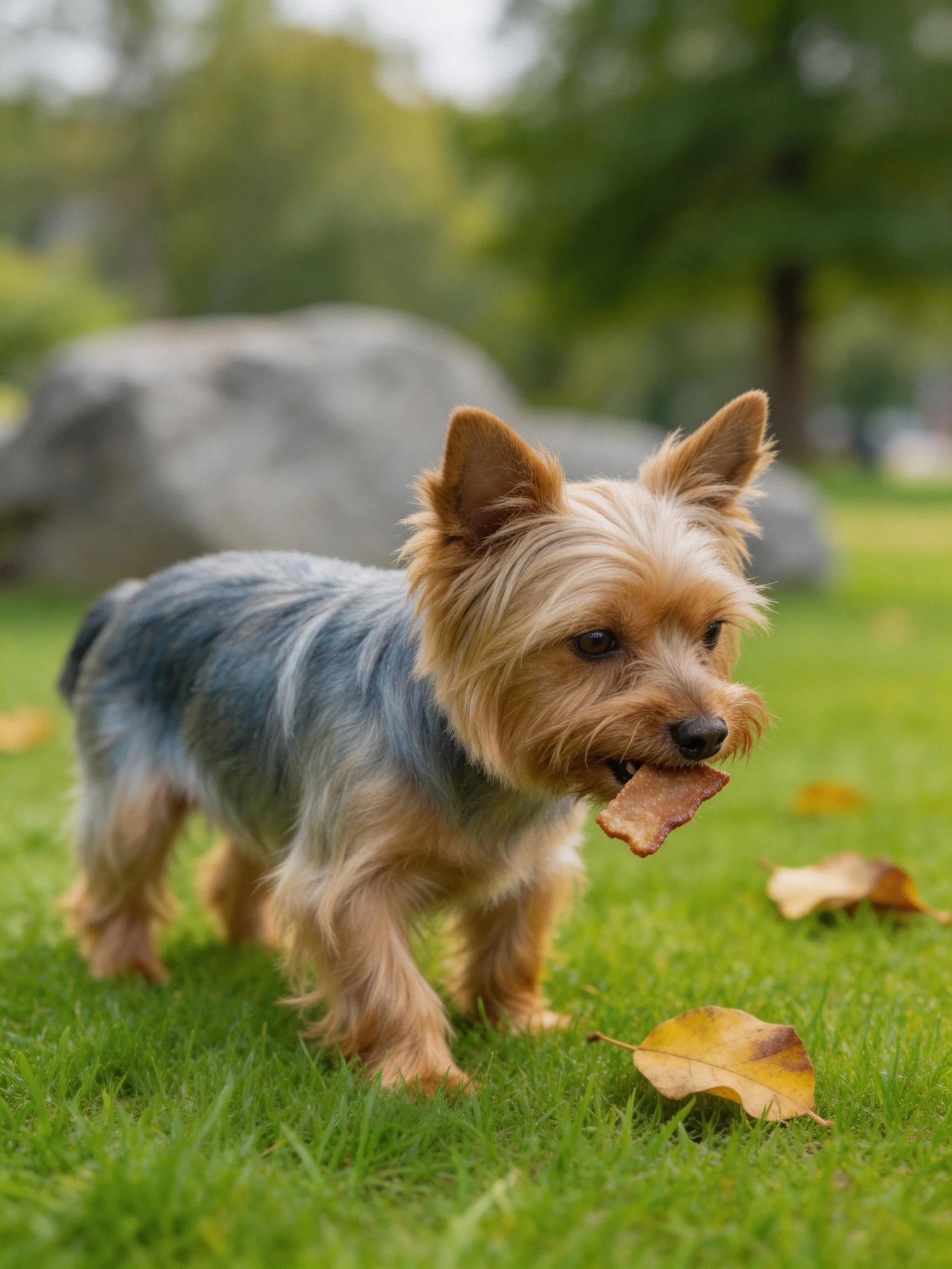 A small tan and blue dog walks in a green park carrying a treat.