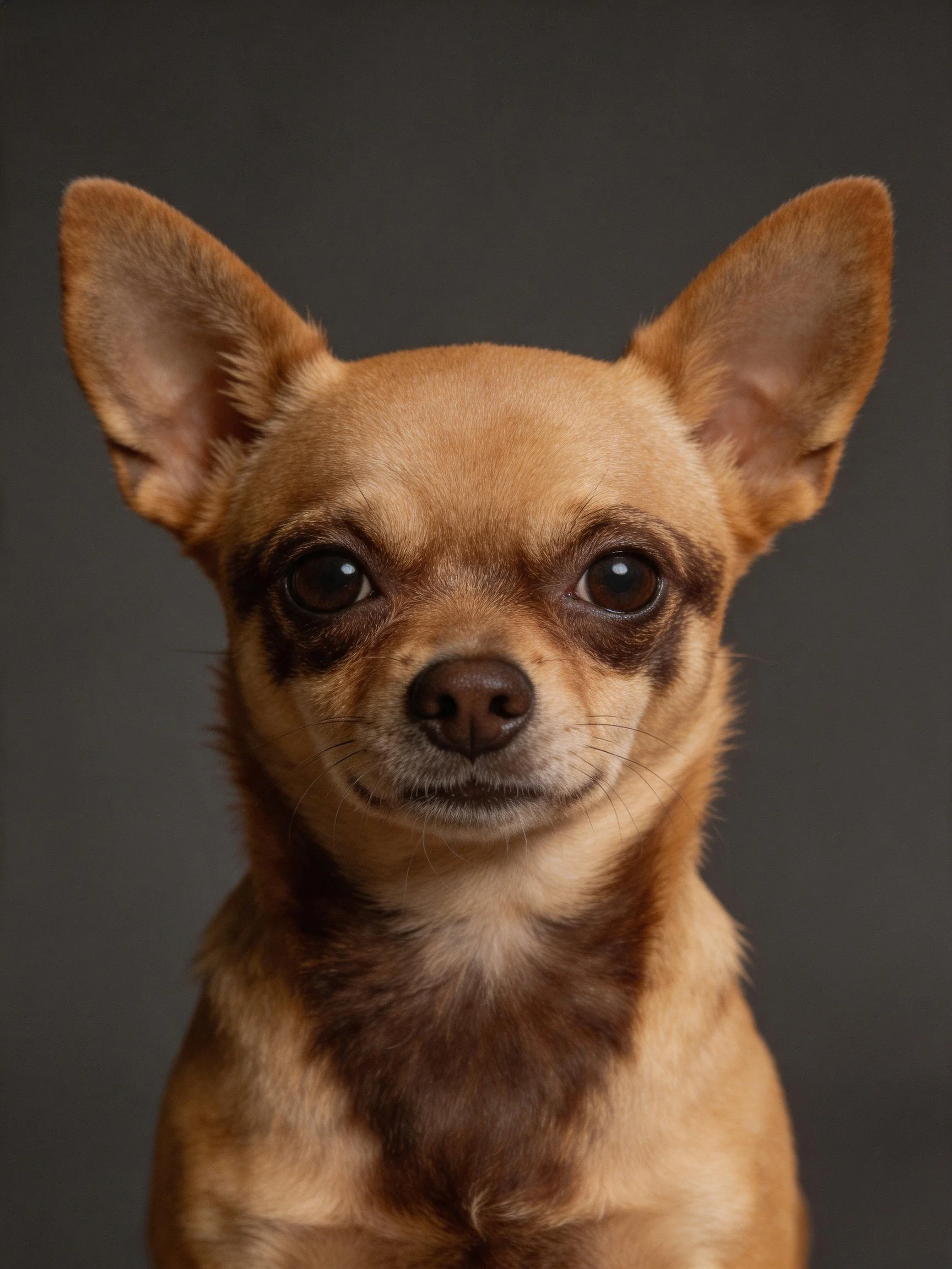 A close - up portrait of a small tan and brown Chihuahua with prominent upright ears.