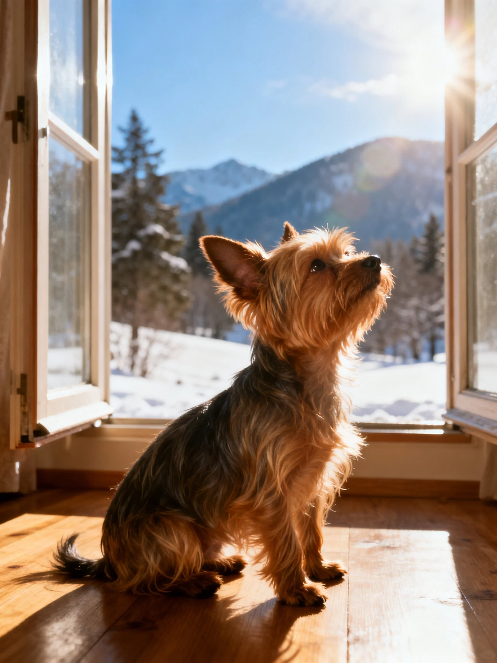A small dog sits by open windows overlooking a snowy mountain landscape.