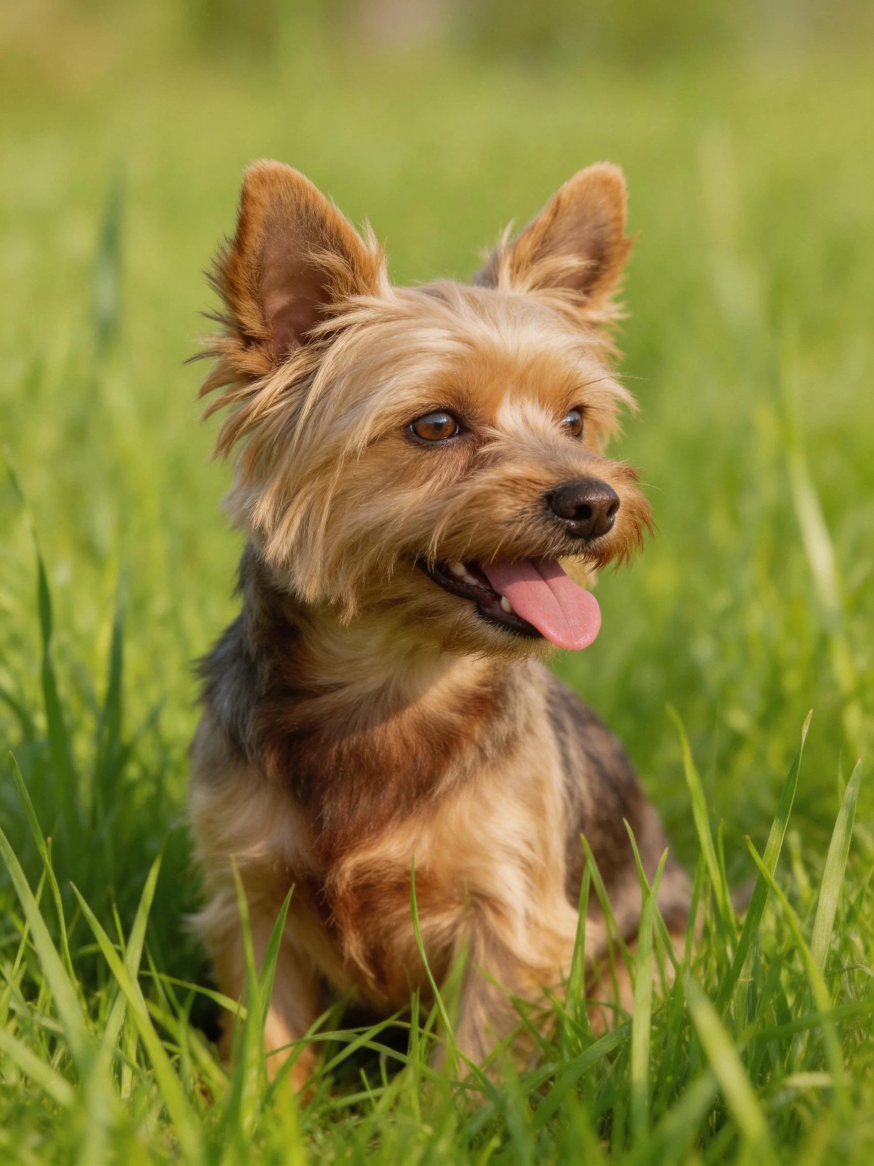 A small tan and brown dog relaxes amid tall green grass.