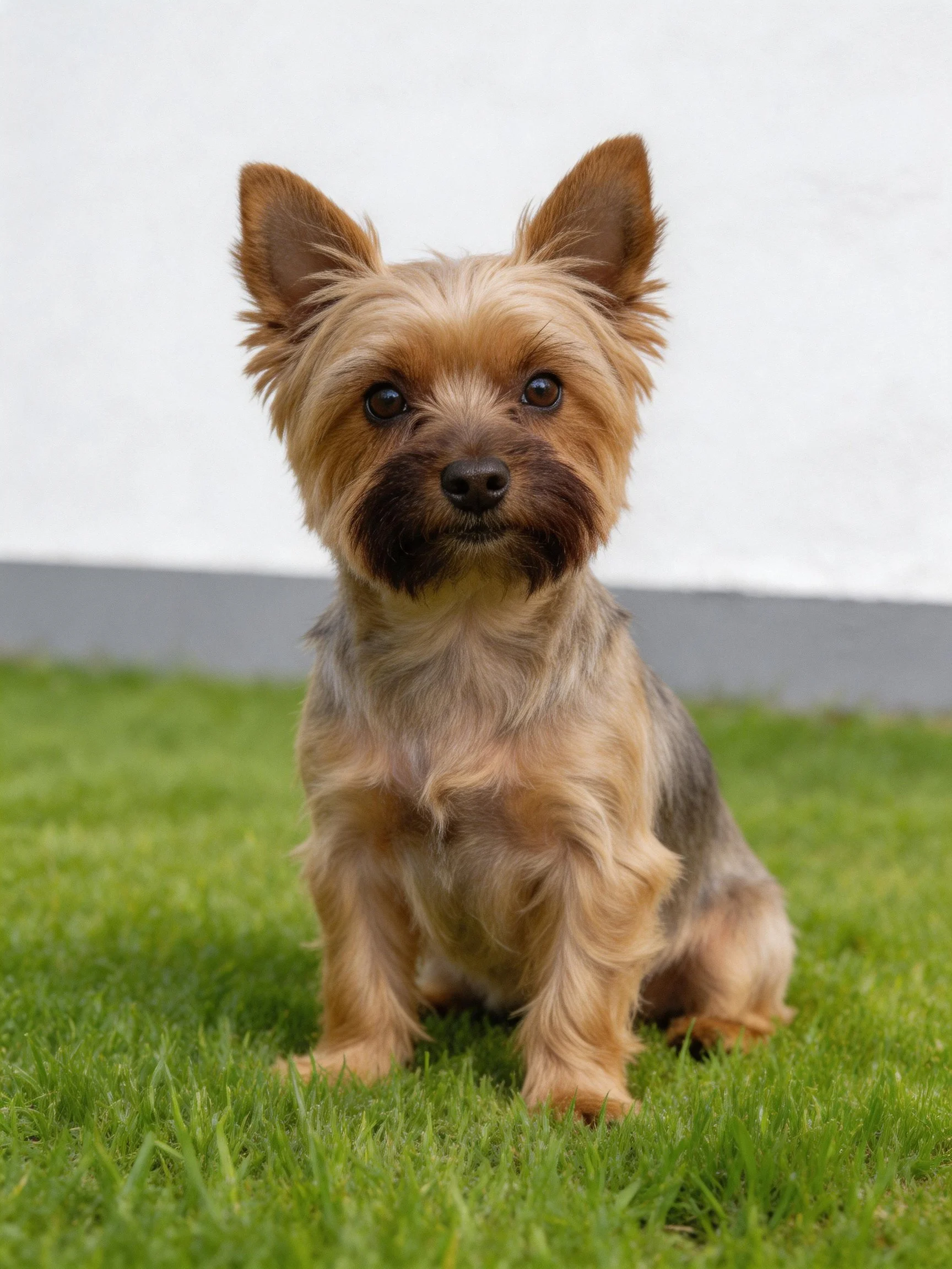A small tan and brown dog sits calmly on lush green grass near a white wall.