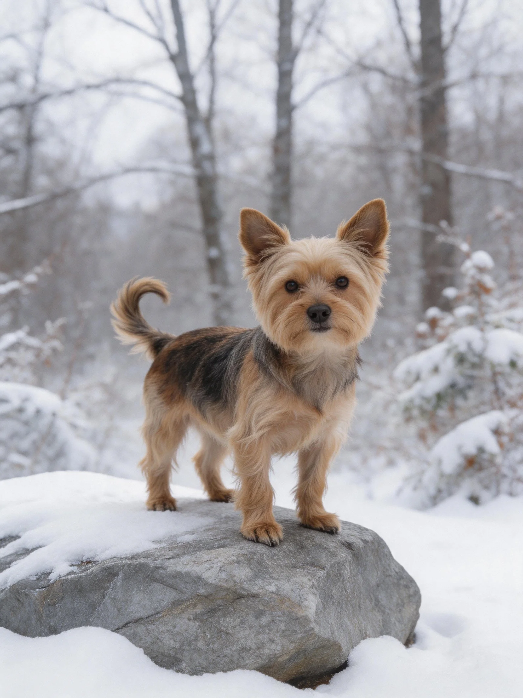 A small dog stands on a snow-laden rock in a wintry forest.