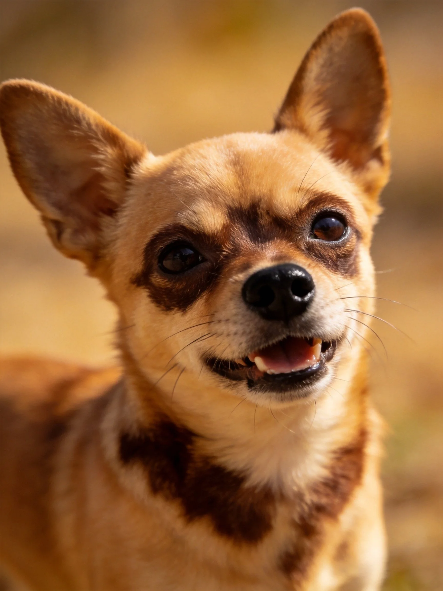 A cheerful small tan and brown dog stands outdoors.