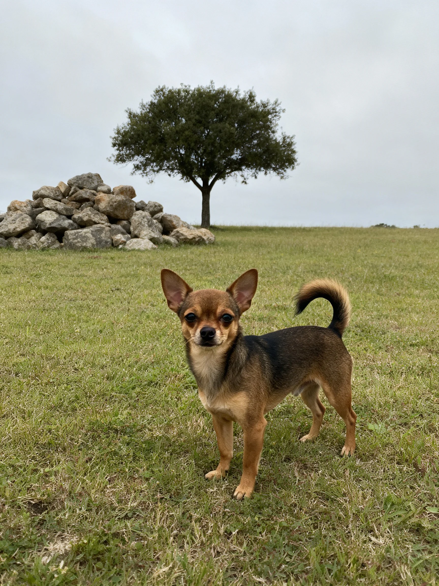 A small dog stands on grass with rocks and a tree in the background.