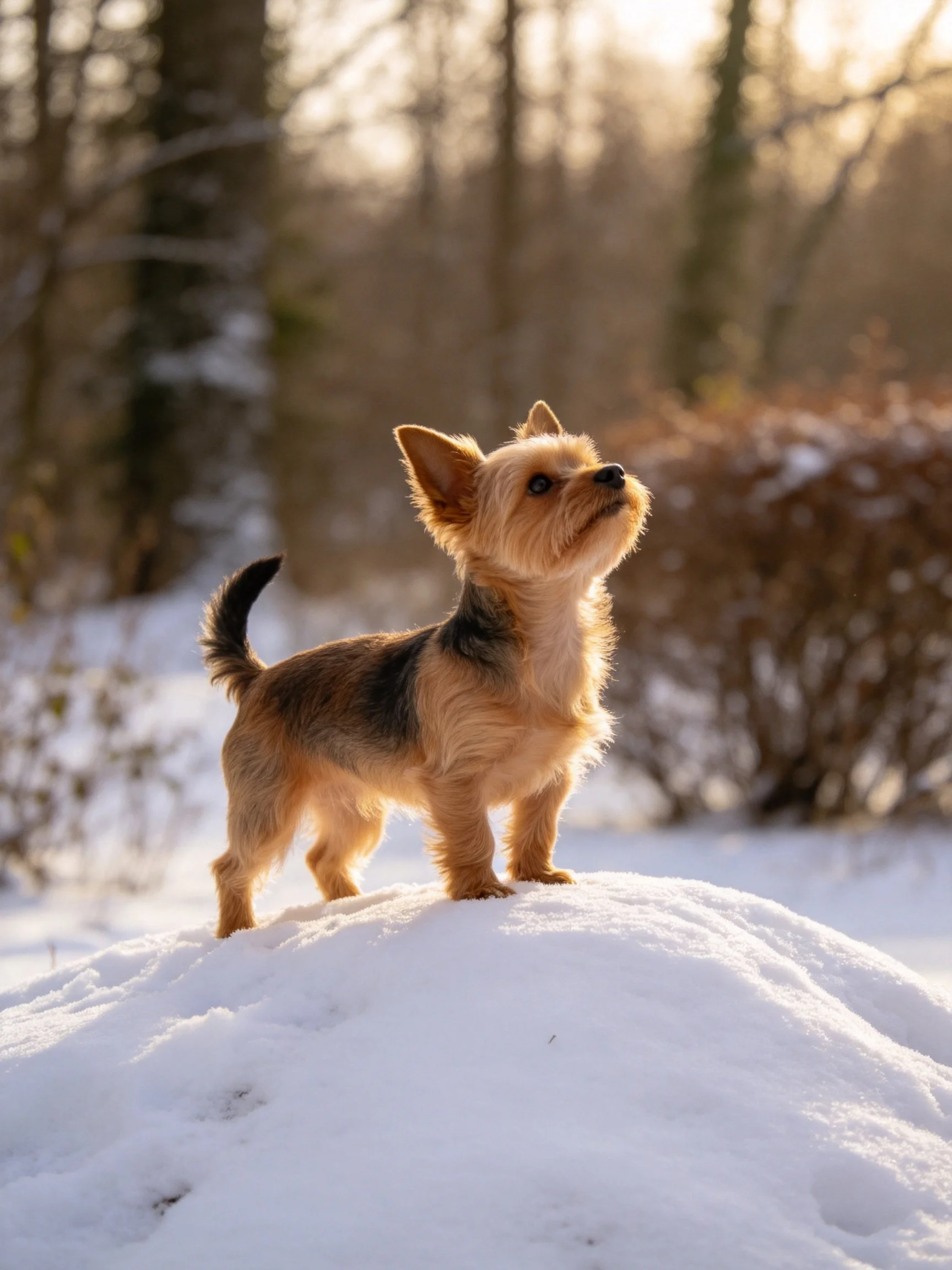 A small dog stands on snow in a sunlit wooded area.