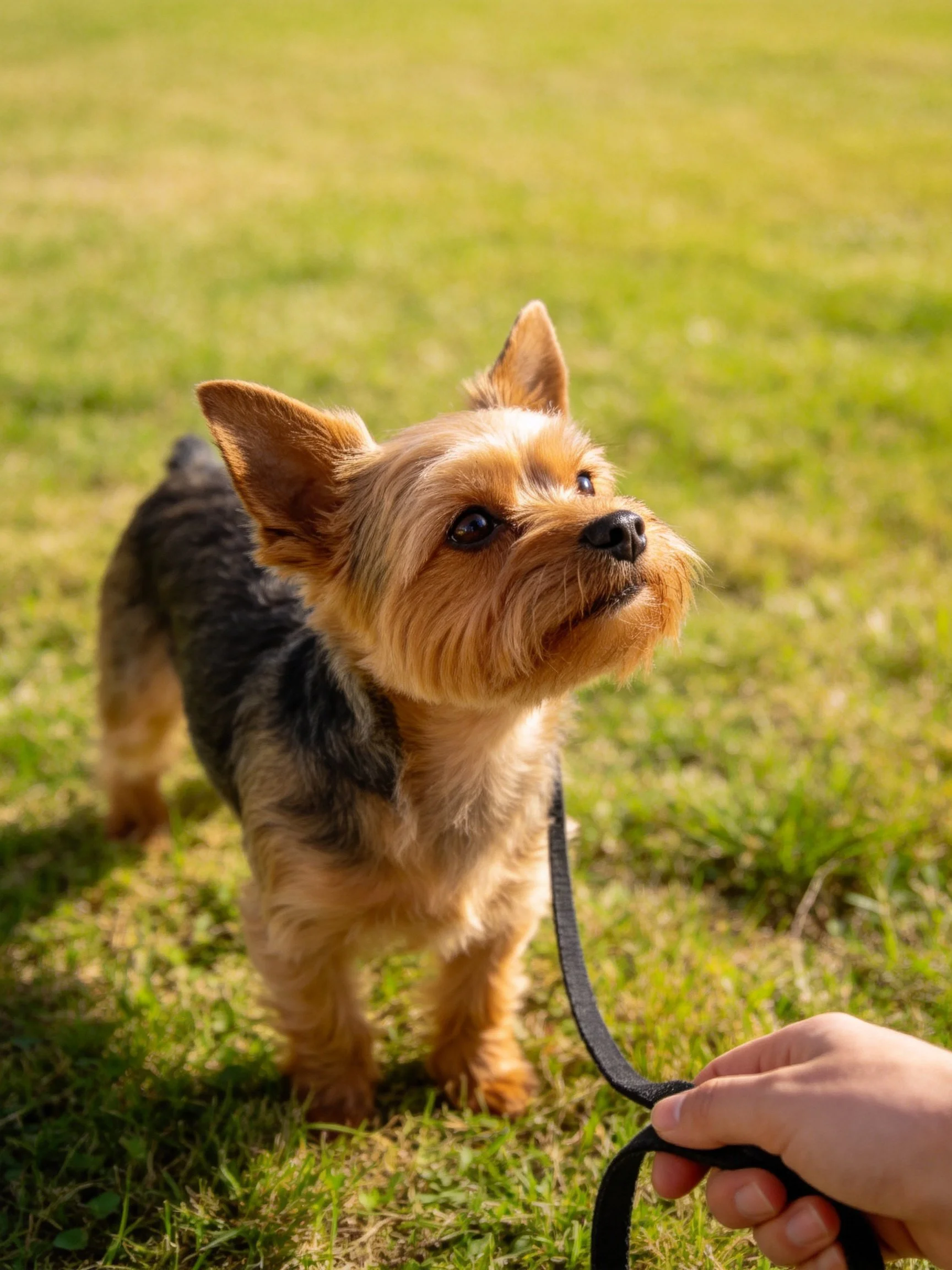 A small dog with tan and dark fur stands on grass near a hand holding a leash.
