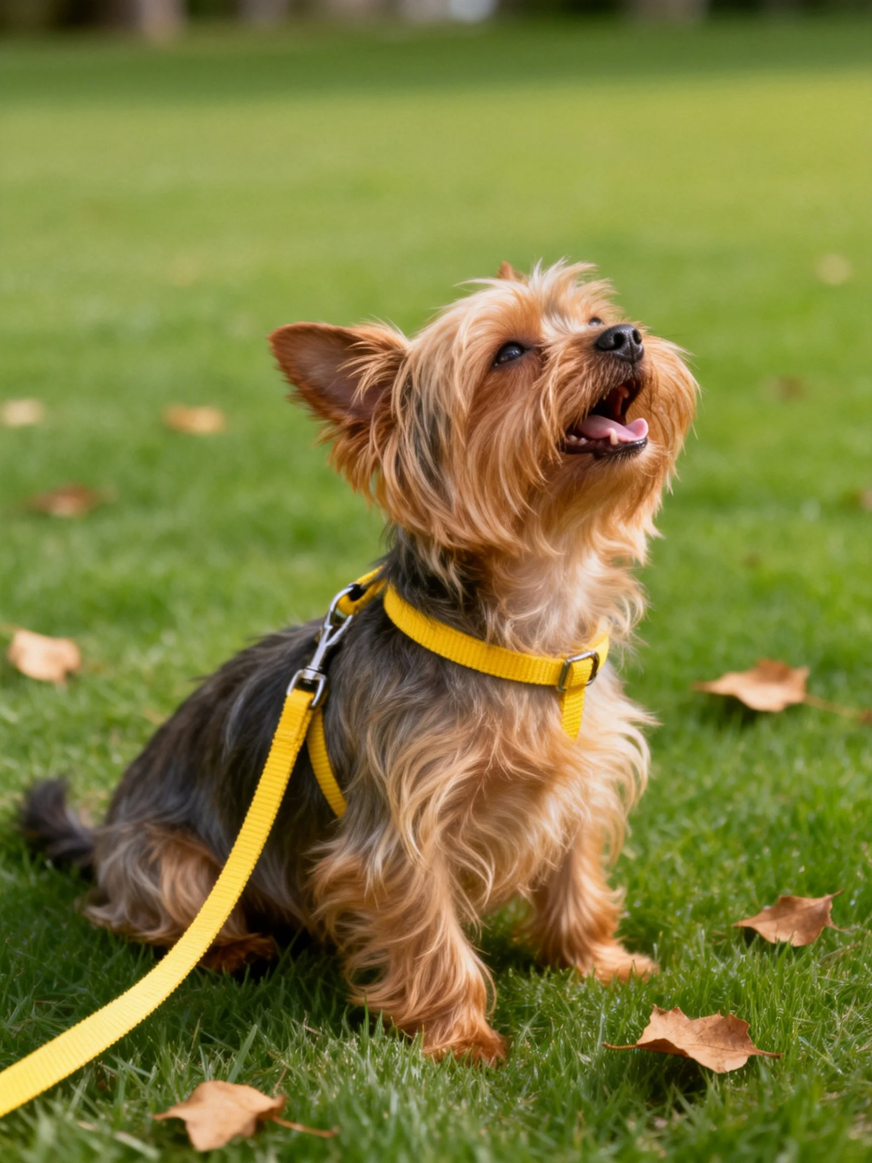 A small dog with a yellow harness rests on grass amid scattered brown leaves.
