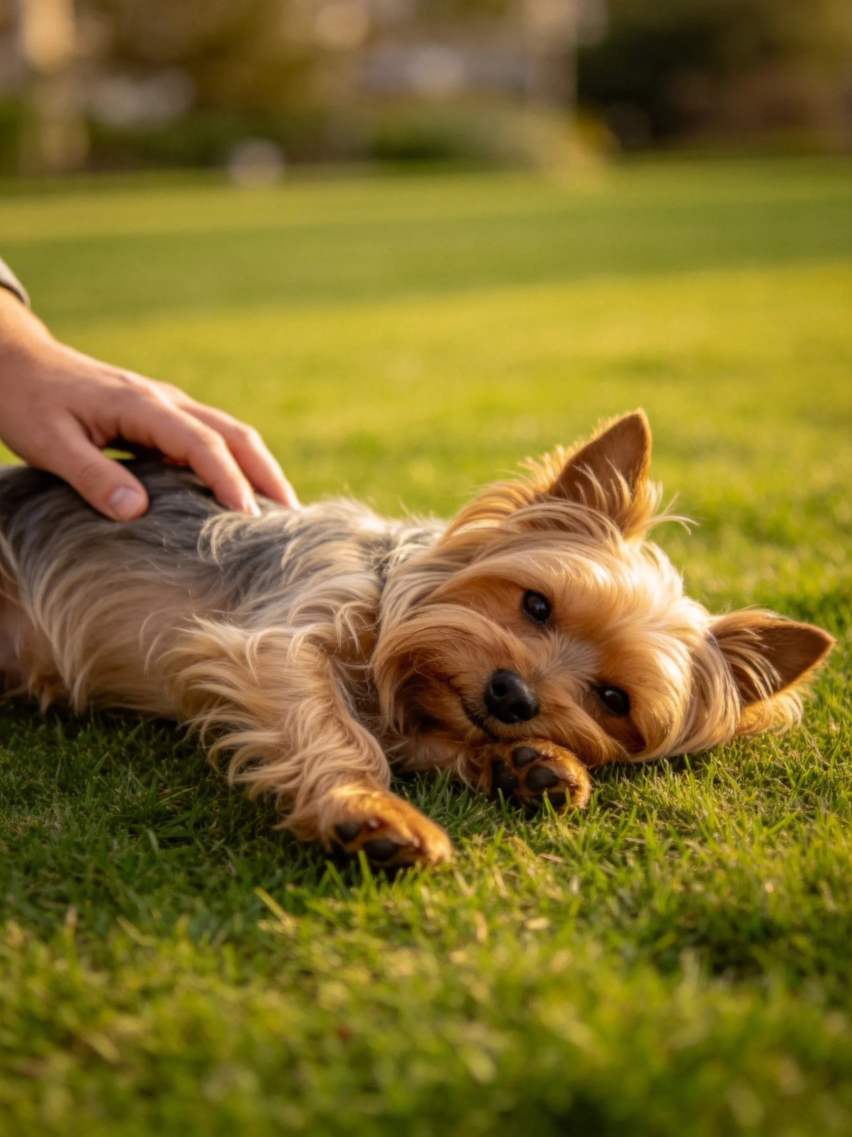A small dog relaxes on grass while being petted in sunlight