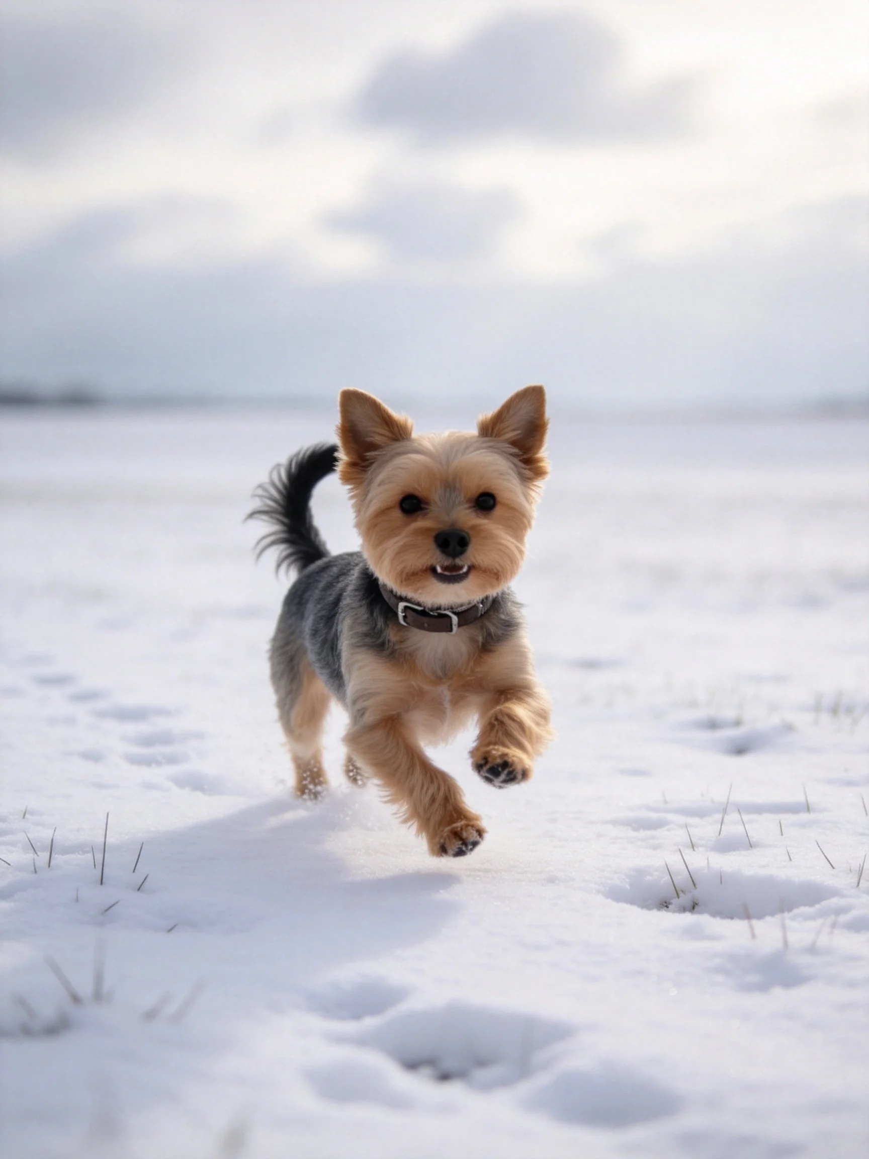 A small dog runs joyfully through a snowy landscape.