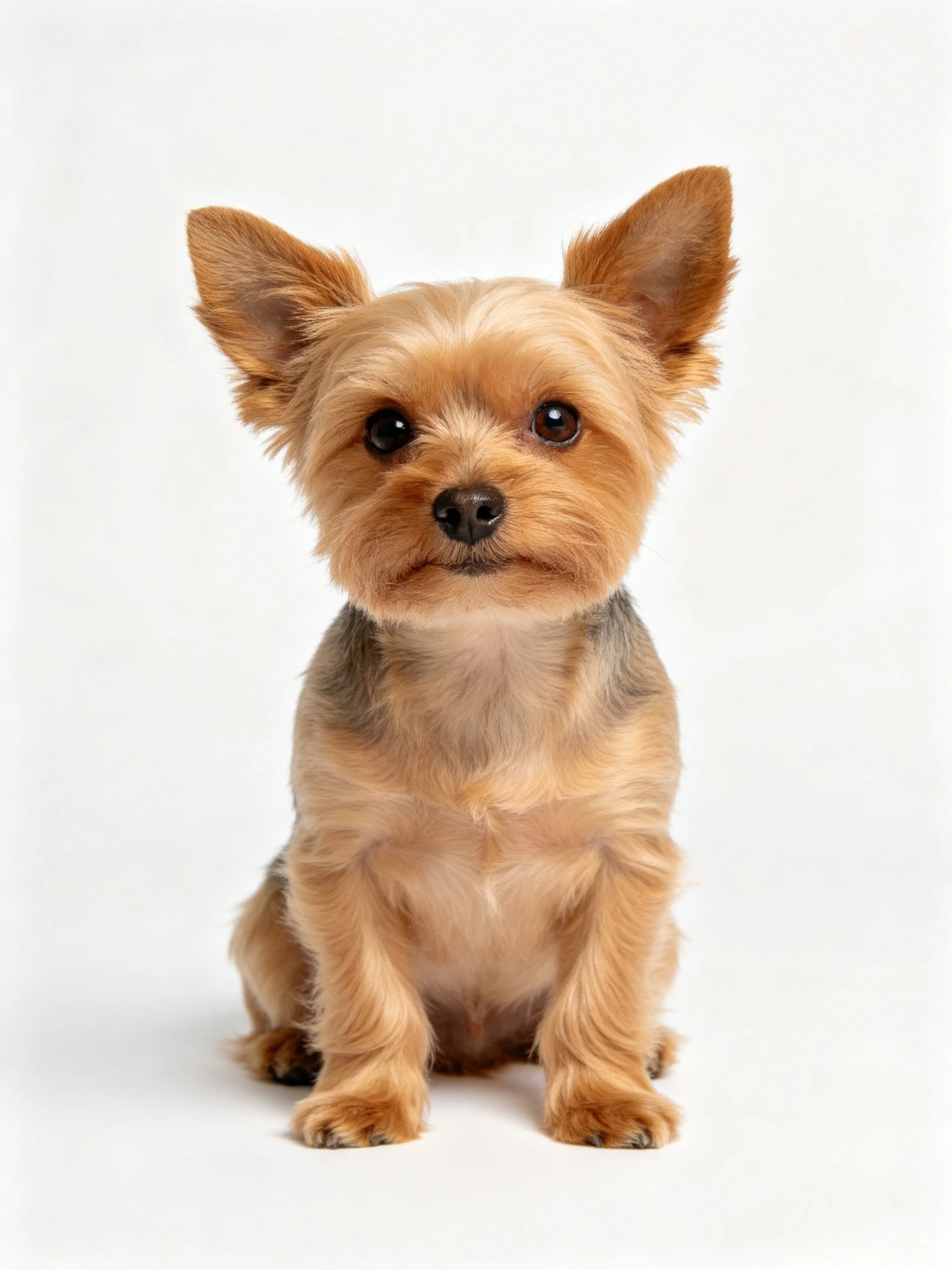 A small tan and gray dog sits attentively on a white background.