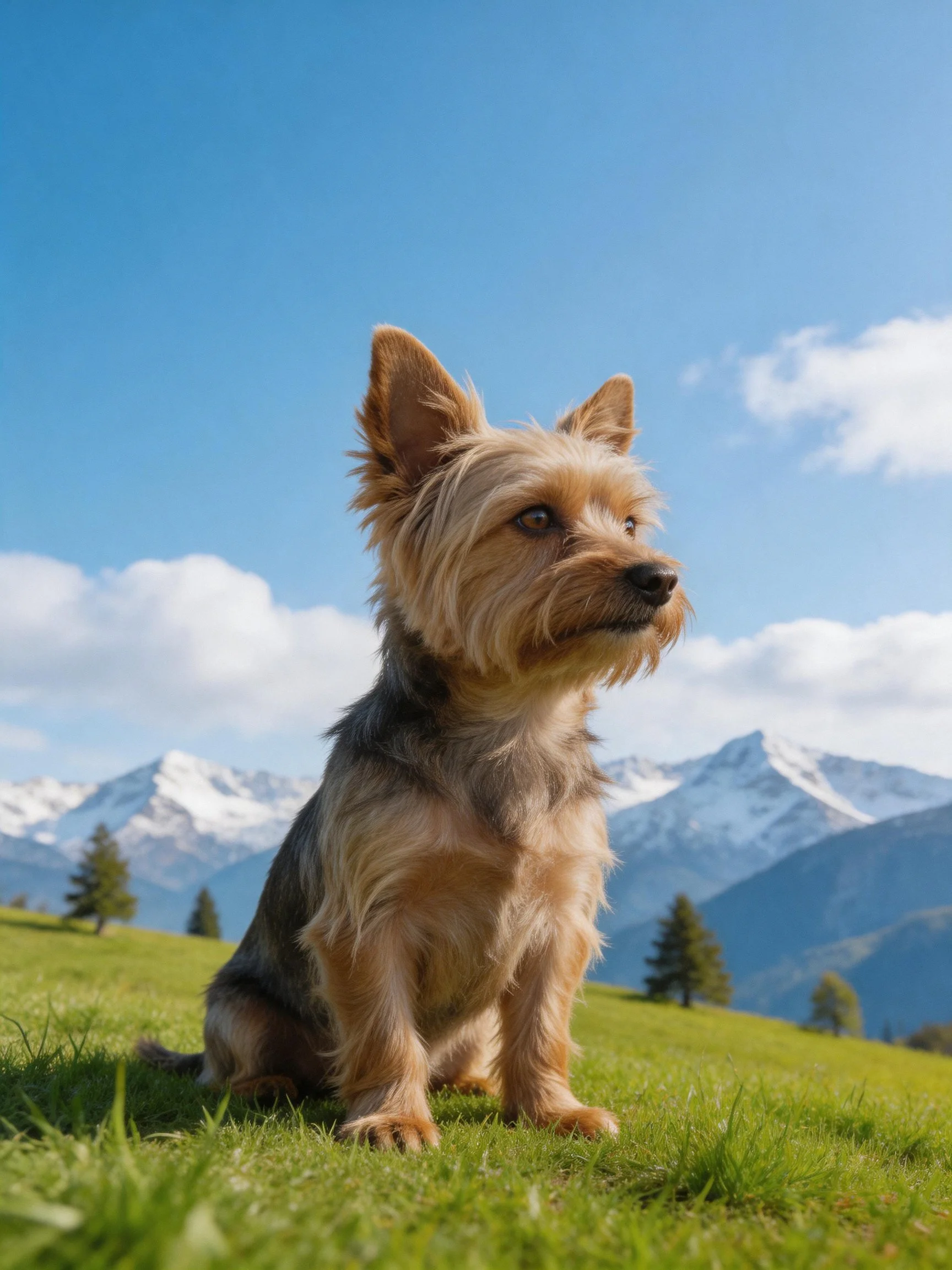 A small dog sits on grass with snowy mountains and a clear blue sky in the background.