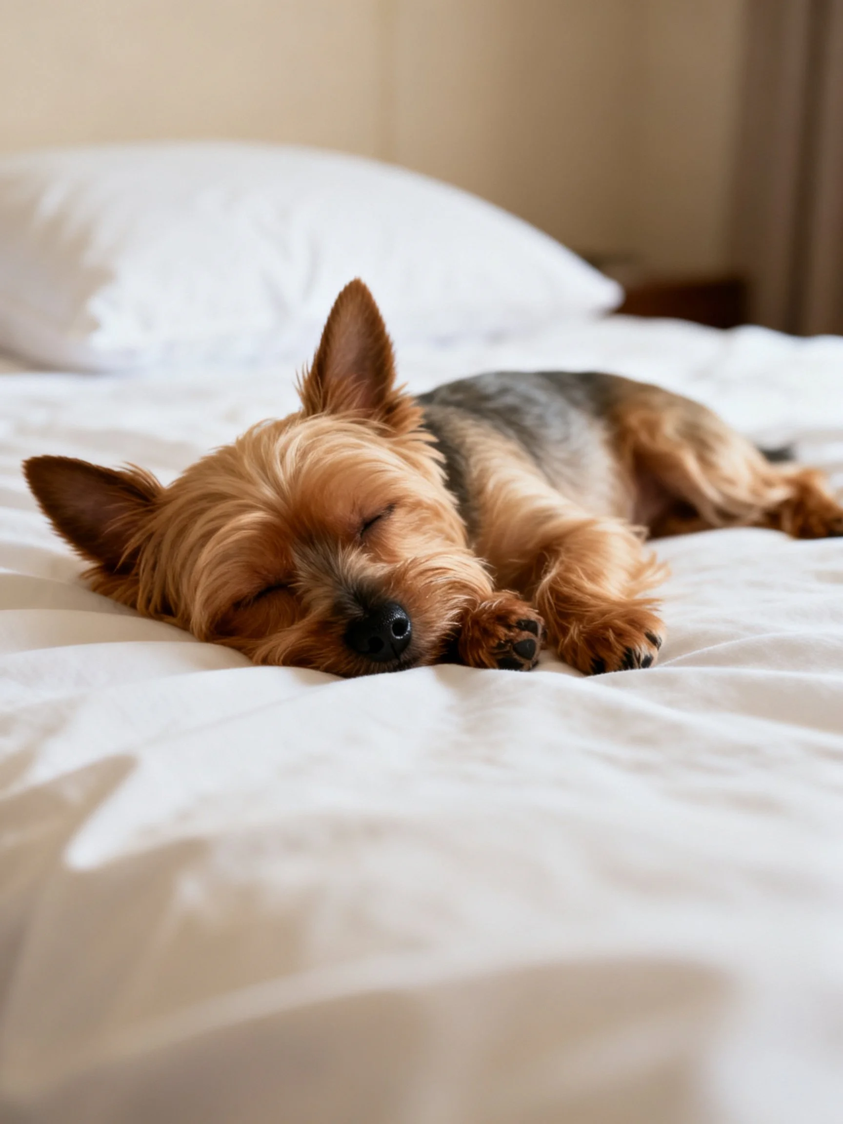 A small dog rests peacefully on a white bed with pillows nearby.