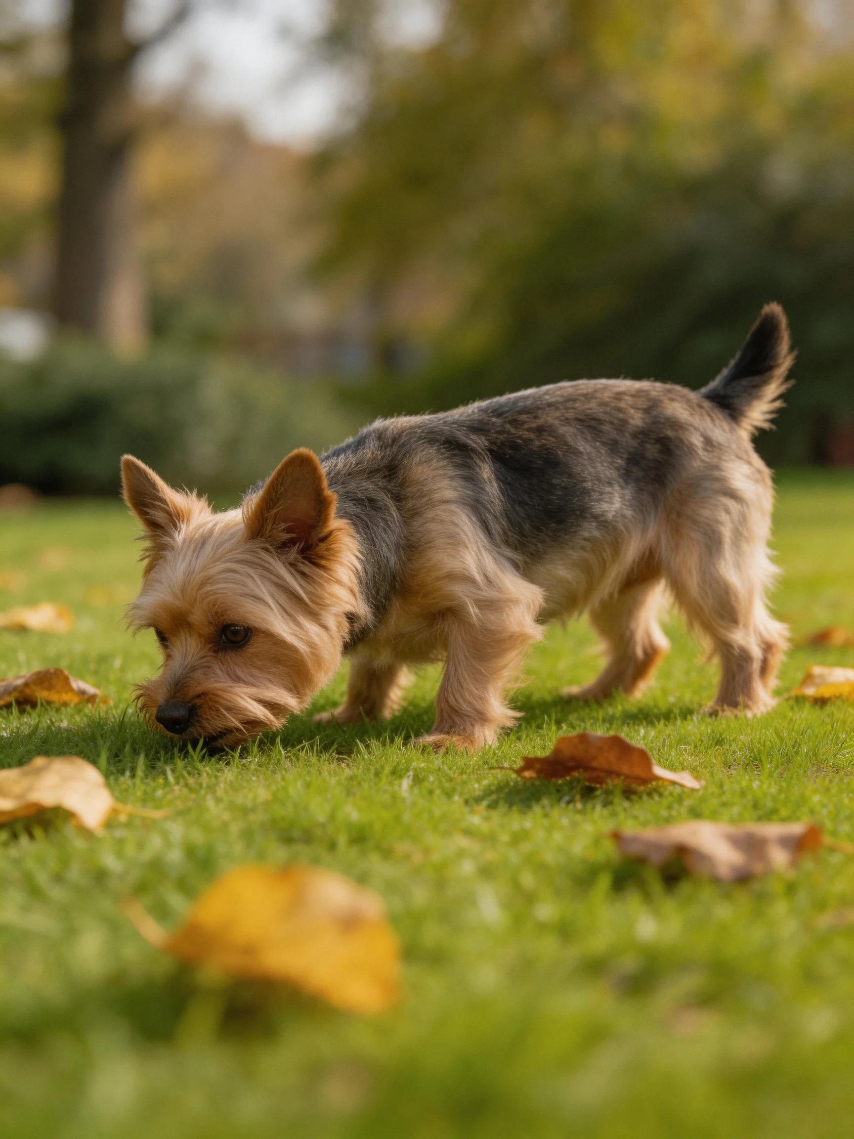 A small tan and gray dog sniffs green grass amid scattered autumn leaves