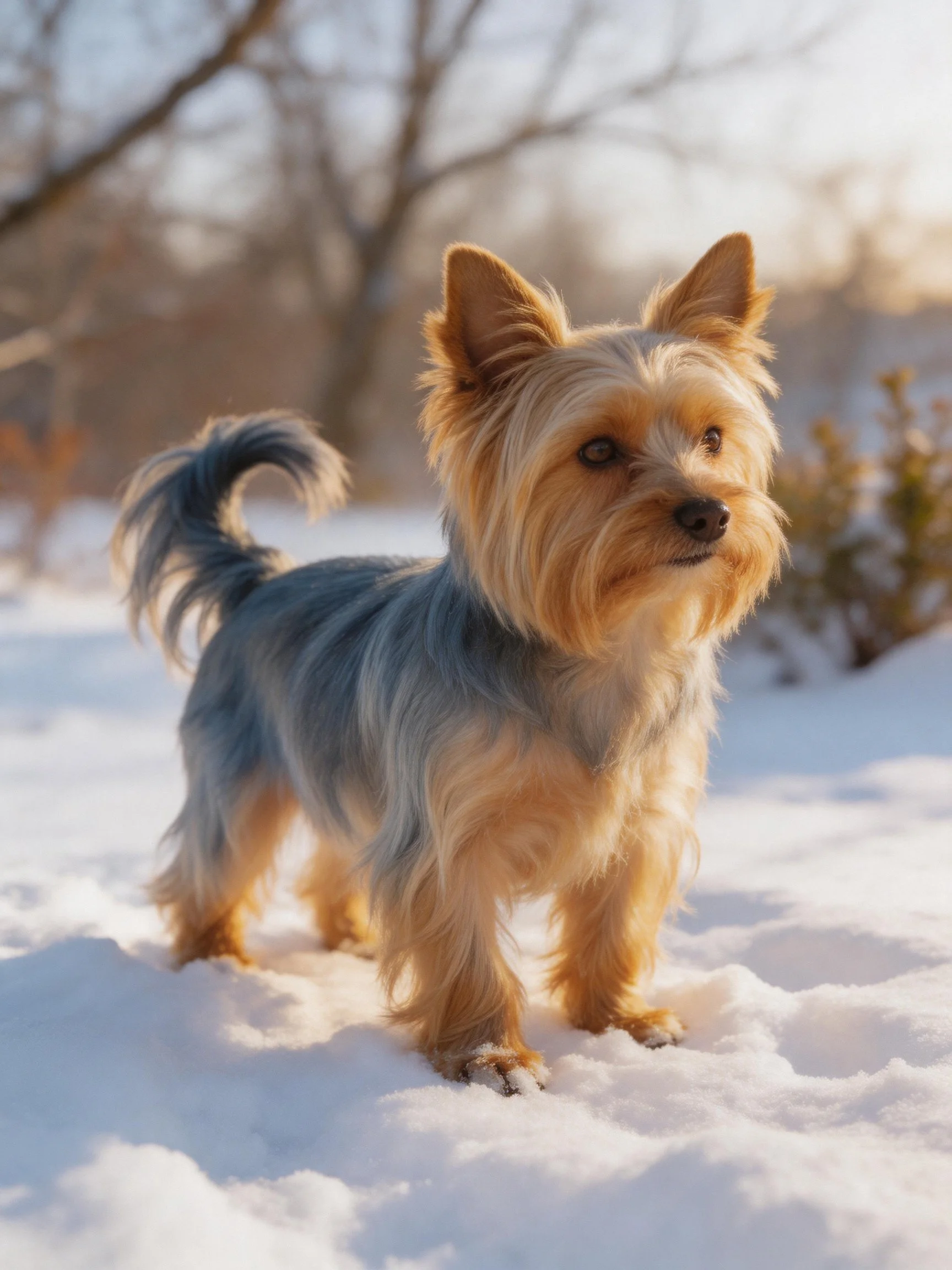A small dog with tan and gray fur stands on snow
